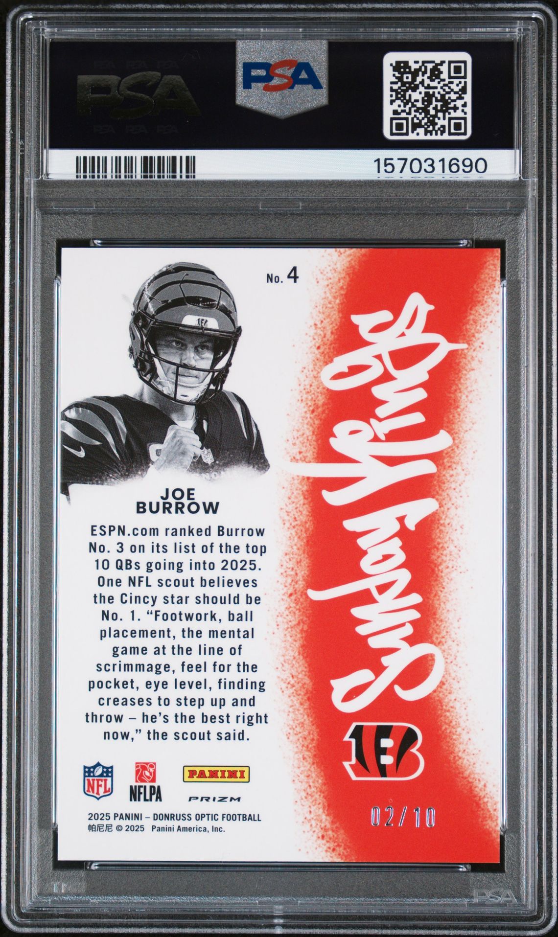 2025 Panini Donruss Optic Sunday Kings Joe Burrow #4 (Sunday Kings-Gold) Gem Mt 10 back view - PSA certificate #157031690