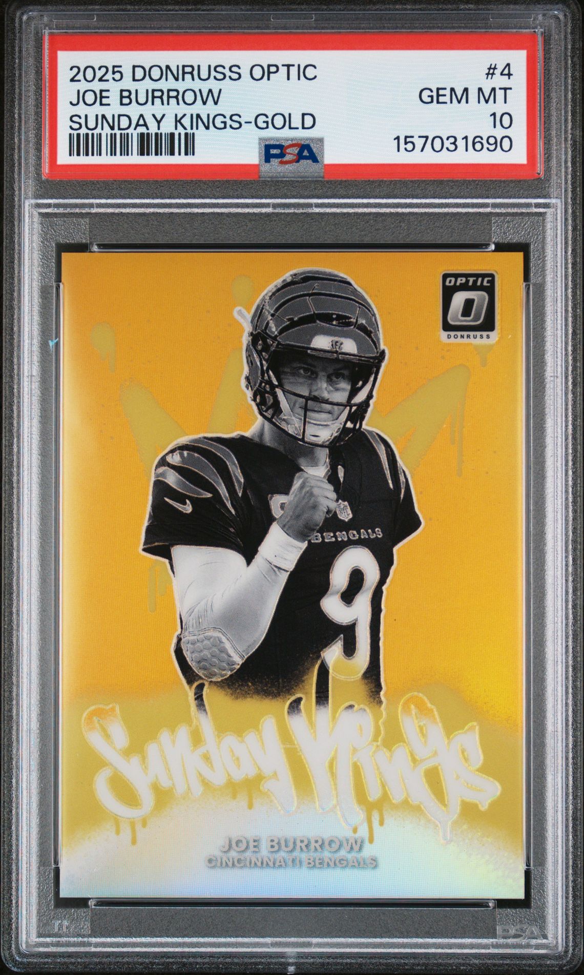 2025 Panini Donruss Optic Sunday Kings Joe Burrow #4 (Sunday Kings-Gold) Gem Mt 10 front view - PSA graded GEM MT 10