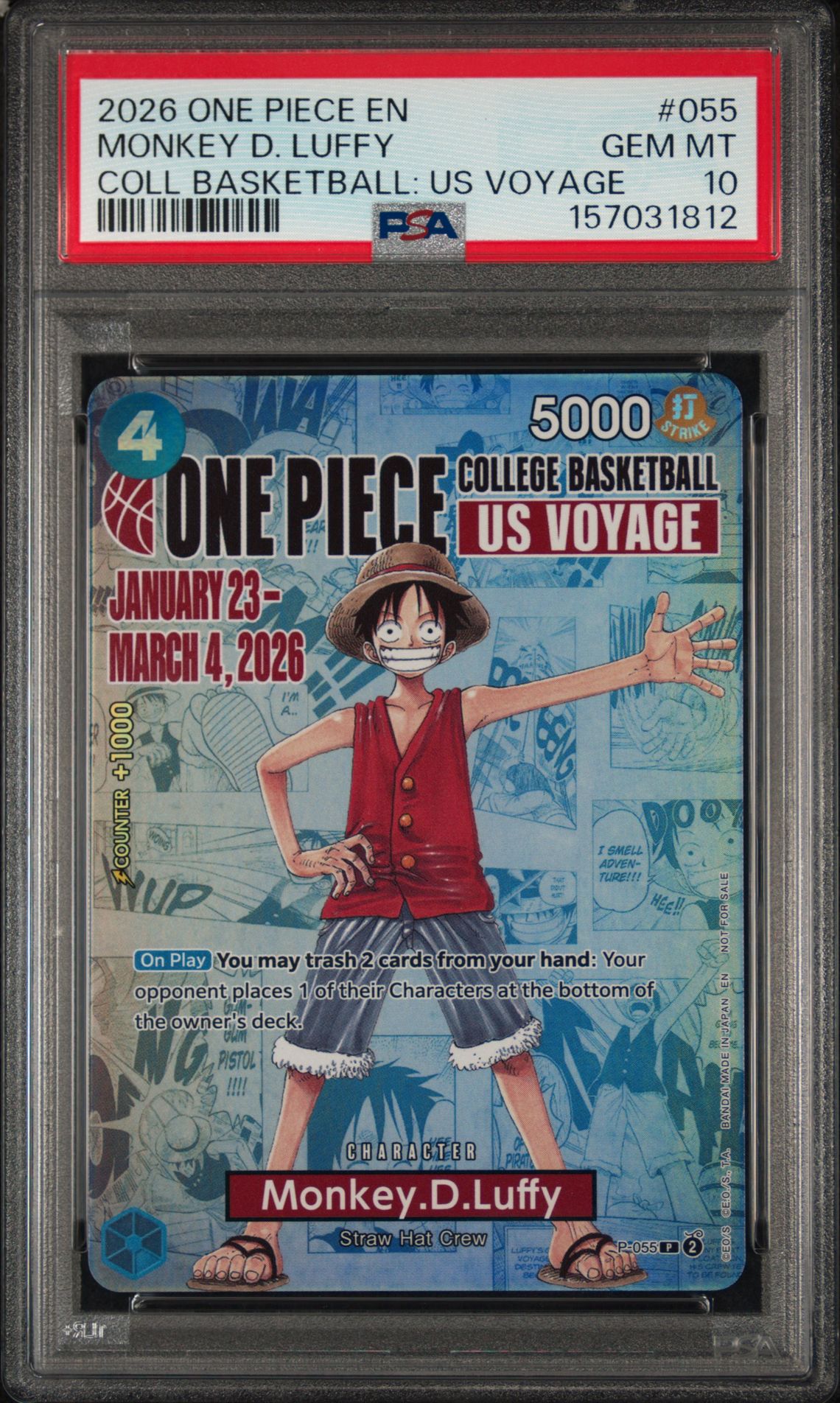 2026 One Piece Promos Monkey D. Luffy #055 (Coll Basketball: Us Voyage) Gem Mt 10 front view - PSA graded GEM MT 10