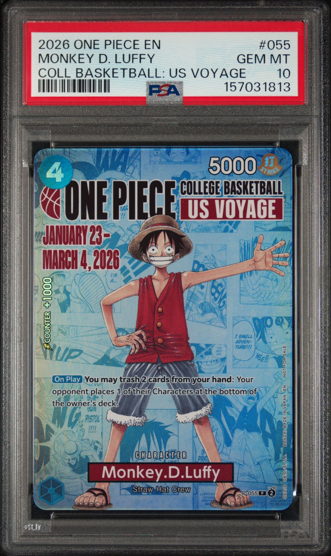 2026 One Piece Promos Monkey D. Luffy #055 (Coll Basketball: Us Voyage) Gem Mt 10 front view - PSA graded GEM MT 10