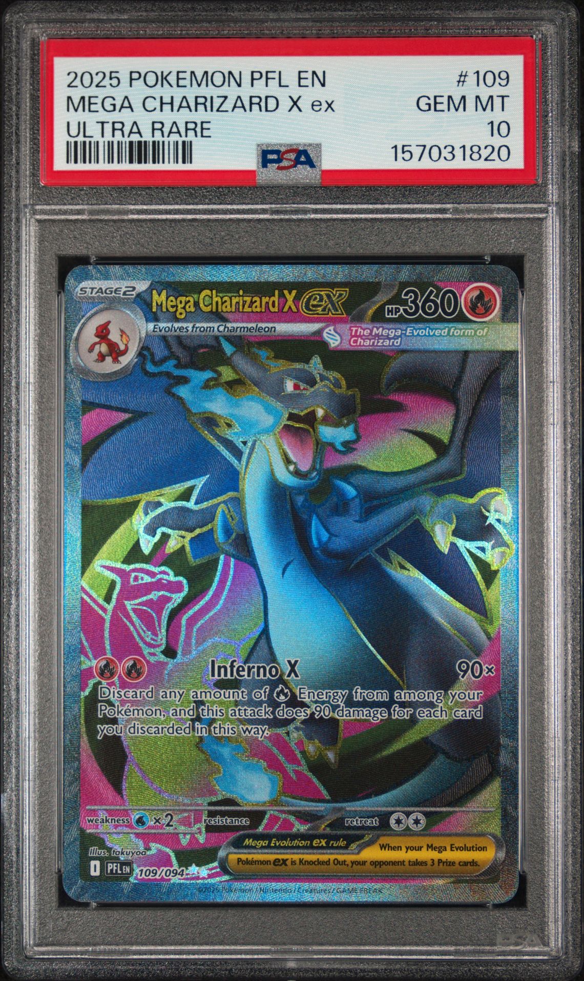 2025 Pokemon Pfl En-Phantasmal Flames Mega Charizard X Ex #109 (Ultra Rare) Gem Mt 10 front view - PSA graded GEM MT 10