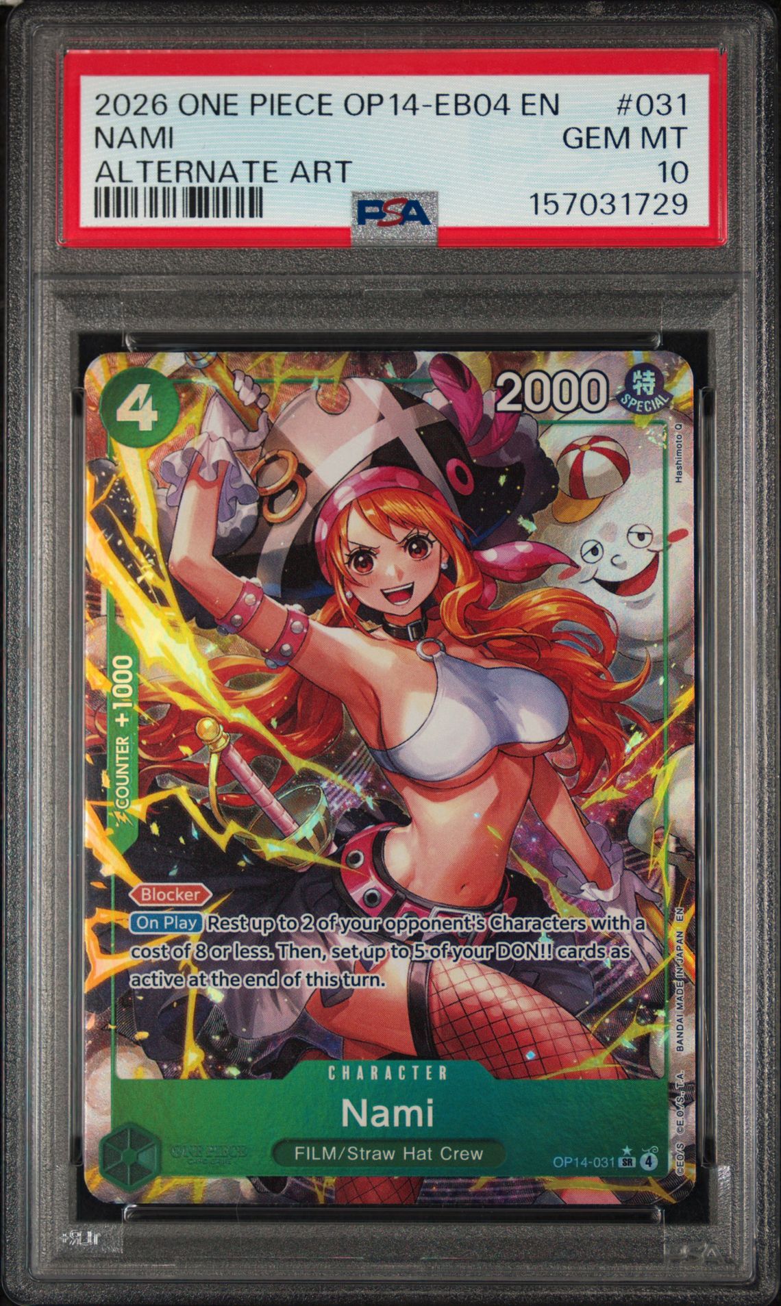 2026 One Piece Op14-Eb04-The Azure Sea's Seven Nami #031 (Alternate Art) Gem Mt 10 front view - PSA graded GEM MT 10