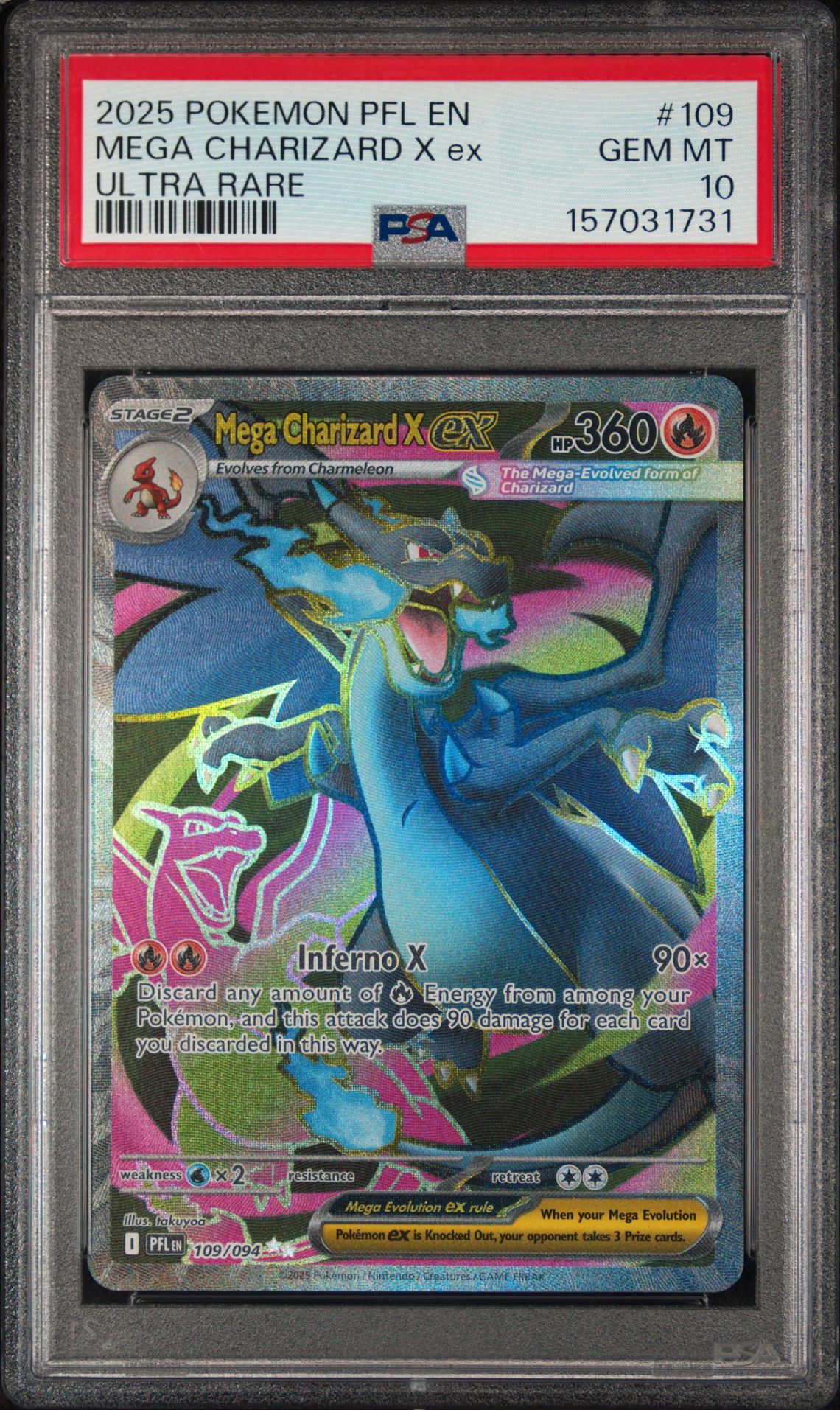 2025 Pokemon Pfl En-Phantasmal Flames Mega Charizard X Ex #109 (Ultra Rare) Gem Mt 10 front view - PSA graded GEM MT 10