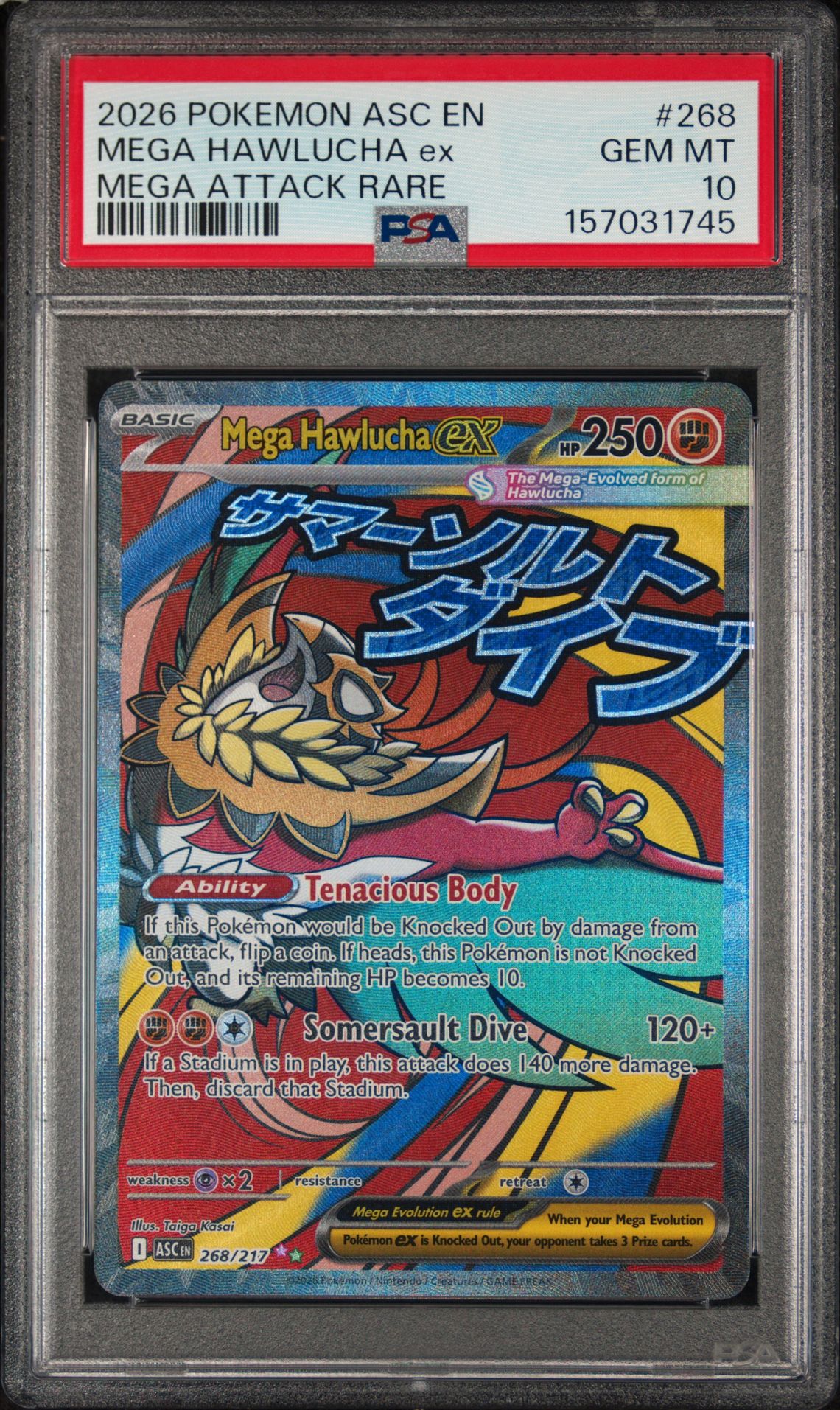 2026 Pokemon Asc En-Ascended Heroes Mega Hawlucha Ex #268 (Mega Attack Rare) Gem Mt 10 front view - PSA graded GEM MT 10