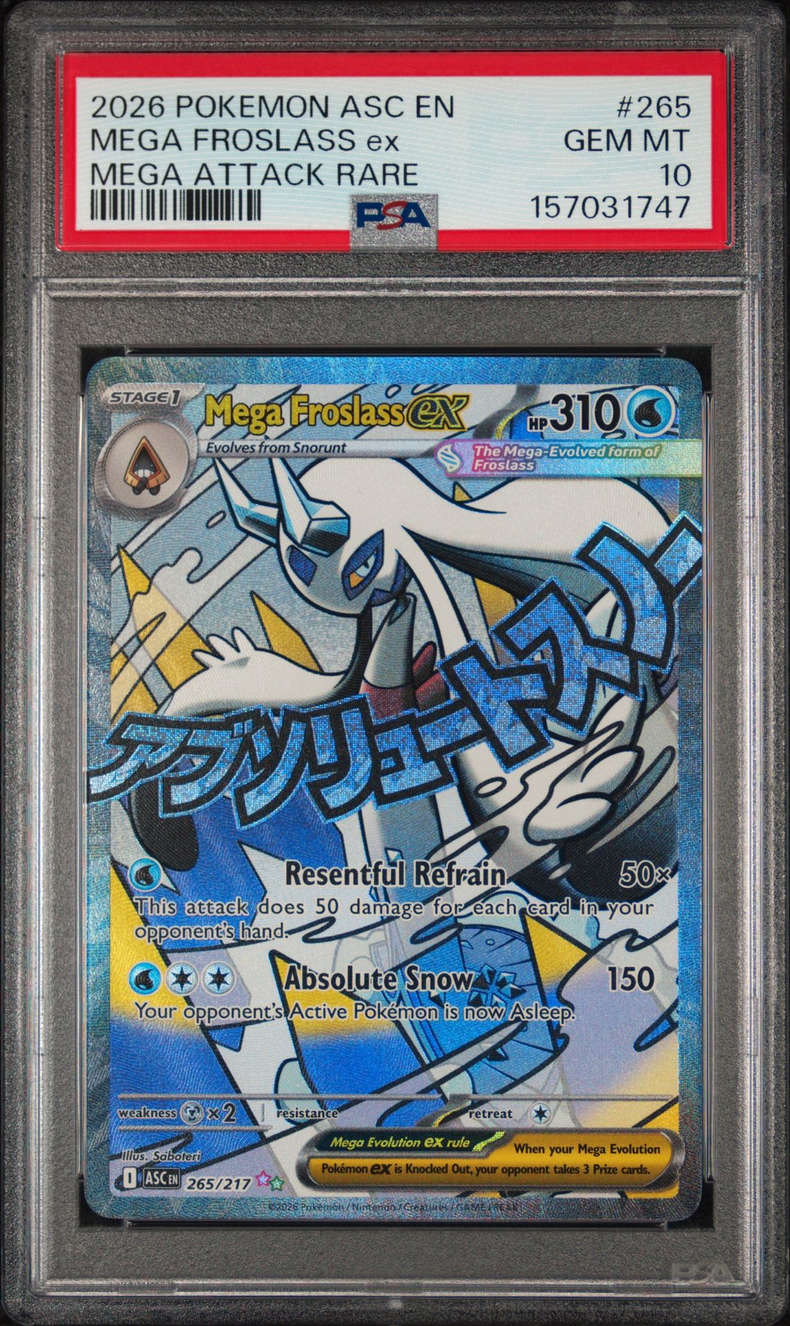 2026 Pokemon Asc En-Ascended Heroes Mega Froslass Ex #265 (Mega Attack Rare) Gem Mt 10 front view - PSA graded GEM MT 10