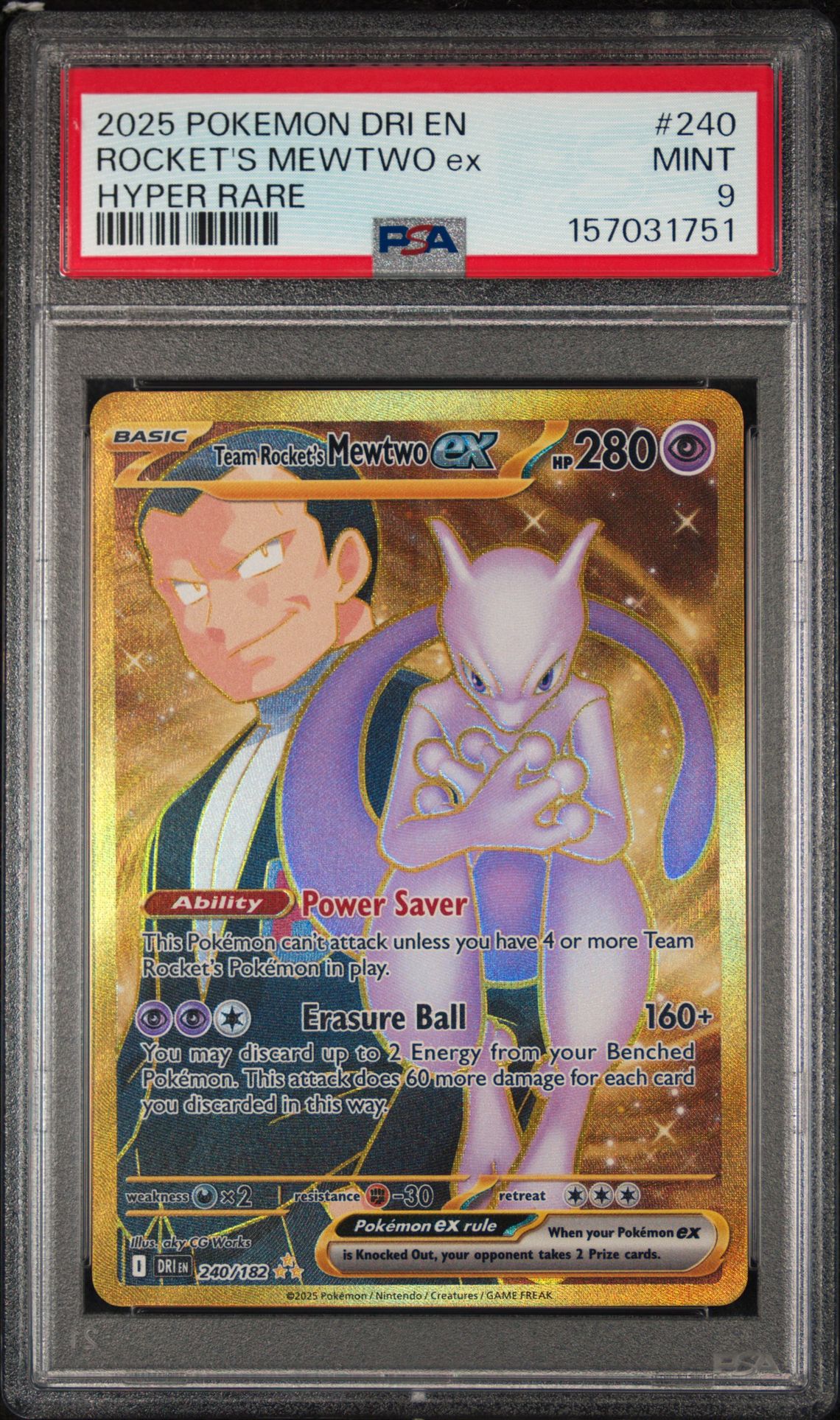 2025 Pokemon Dri En-Destined Rivals Rocket's Mewtwo Ex #240 (Hyper Rare) Mint 9 front