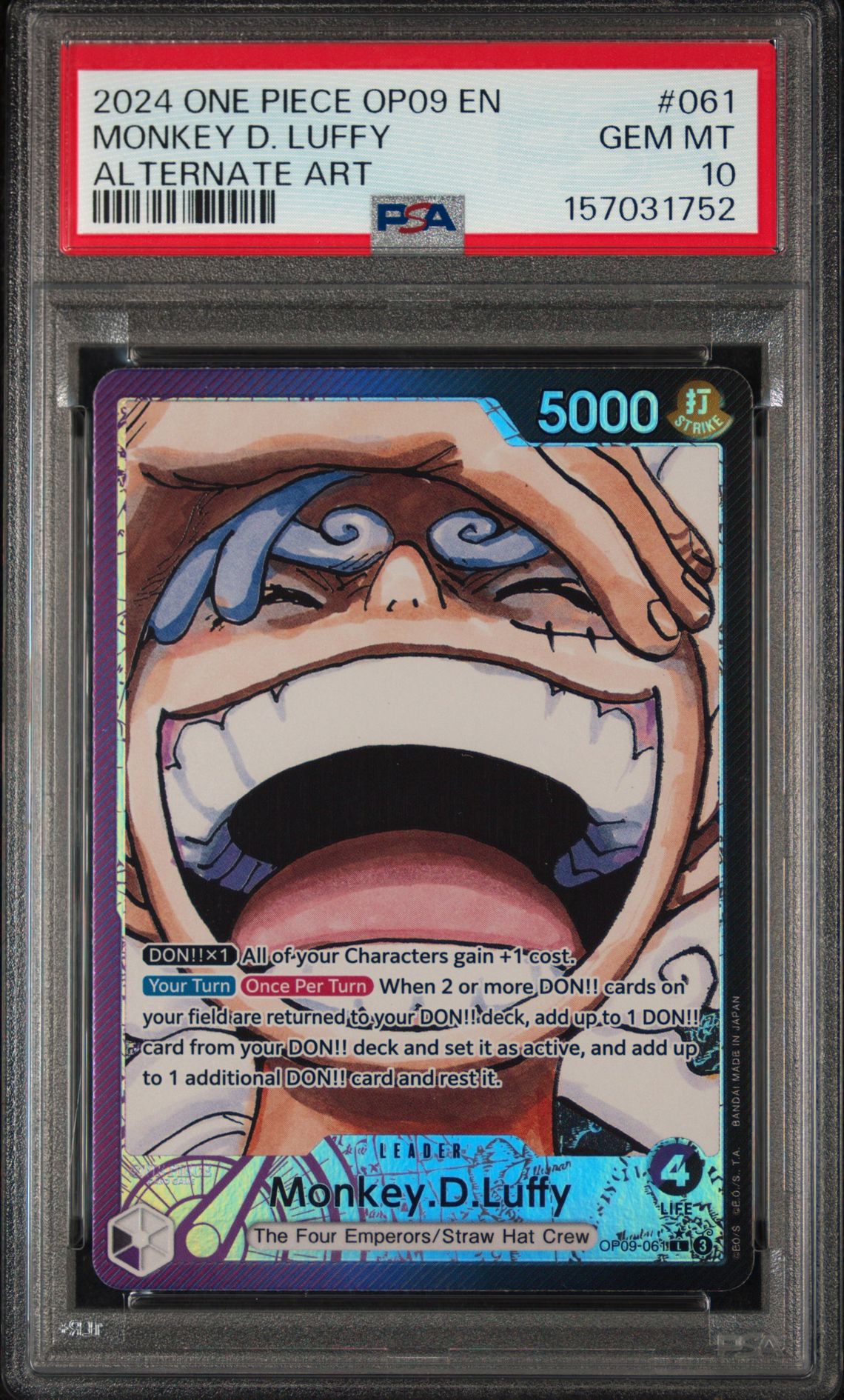 2024 One Piece Op09-Emperors In The New World Monkey D. Luffy #061 (Alternate Art) Gem Mt 10 front view - PSA graded GEM MT 10
