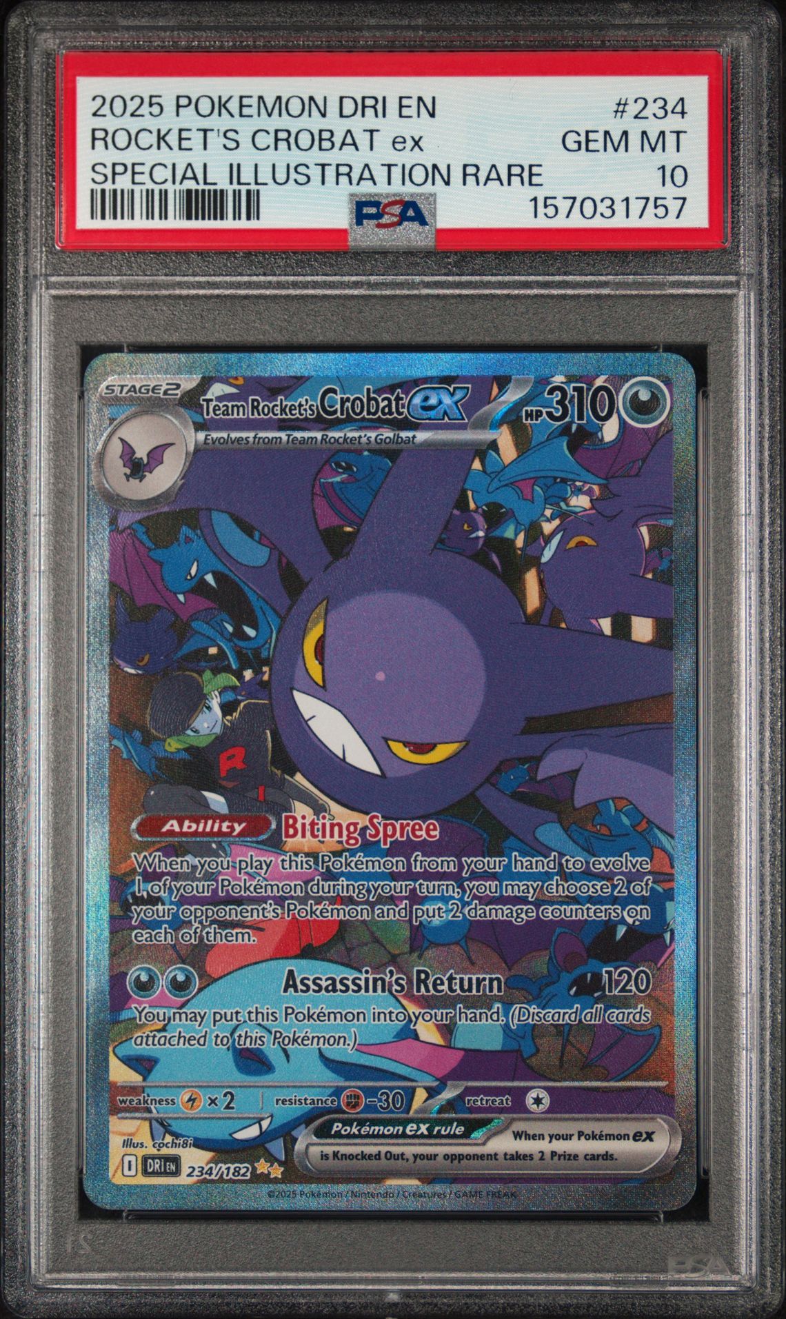 2025 Pokemon Dri En-Destined Rivals Rocket's Crobat Ex #234 (Special Illustration Rare) Gem Mt 10 front view - PSA graded GEM MT 10