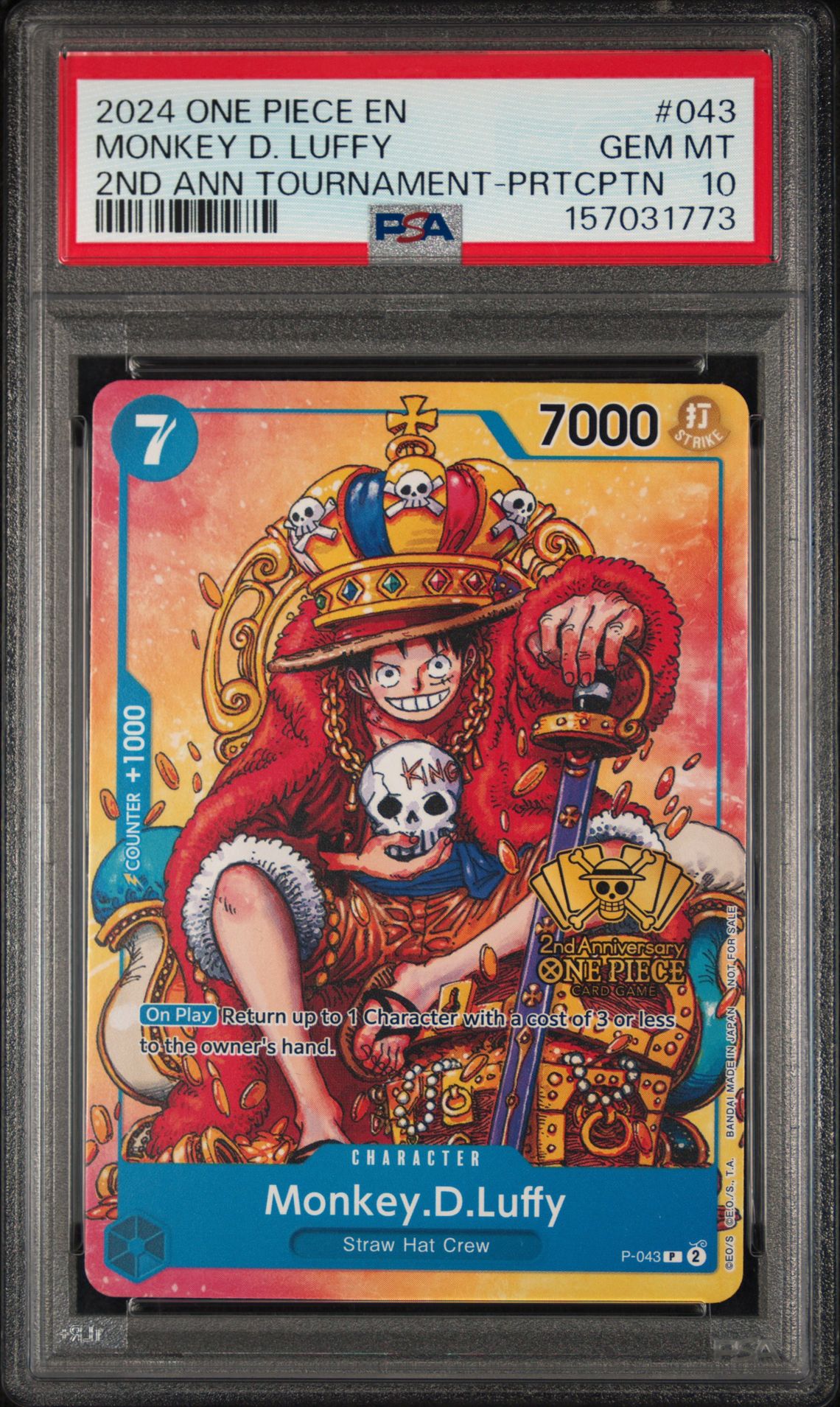 2024 ONE PIECE PROMOS MONKEY D. LUFFY 2ND ANV TOURNAMENT-PRTCPTN 043 GEM MT 10 front