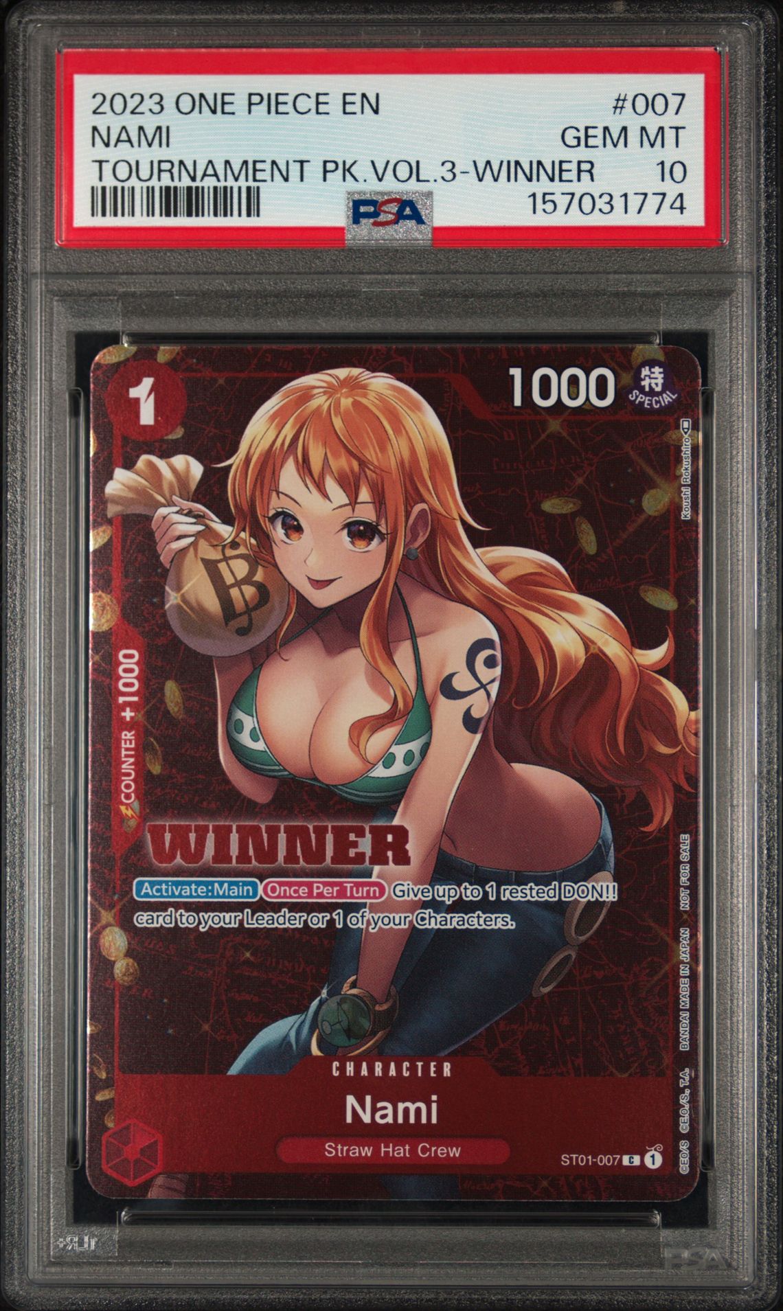 2023 One Piece Promos Nami #007 (Tournament Pk.vol.3-Winner) Gem Mt 10 front view - PSA graded GEM MT 10