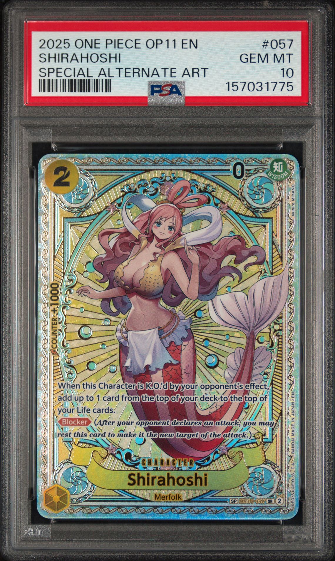 2025 One Piece Op11-A Fist Of Divine Speed Shirahoshi #057 (Special Alternate Art) Gem Mt 10 front view - PSA graded GEM MT 10