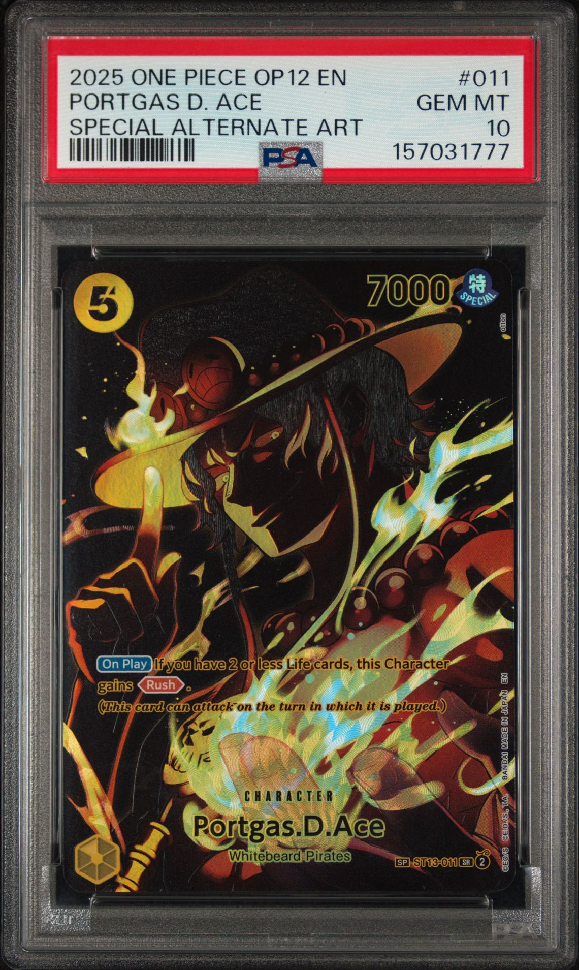 2025 One Piece Op12-Legacy Of The Master Portgas D. Ace #011 (Special Alternate Art) Gem Mt 10 front