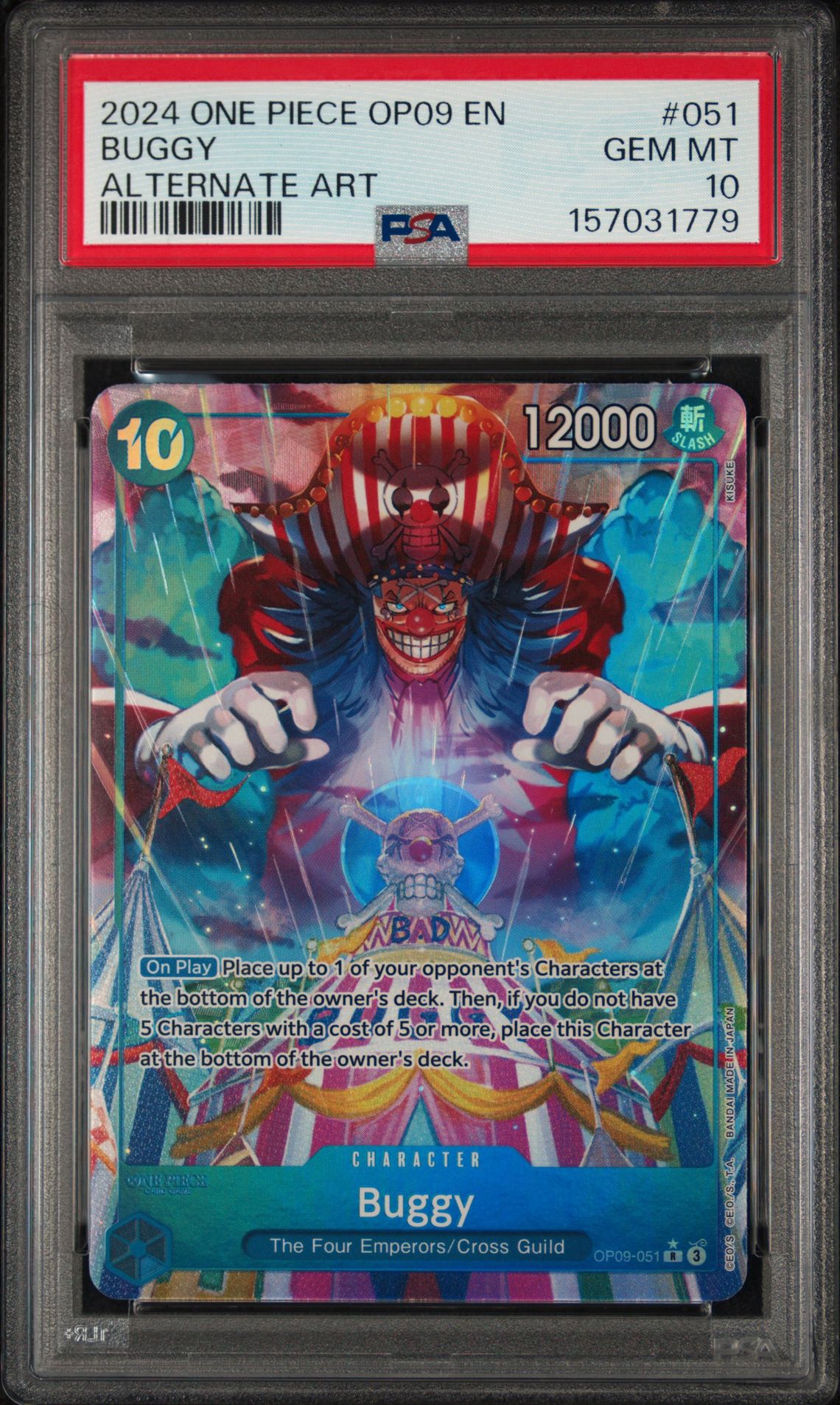 2024 One Piece Op09-Emperors In The New World Buggy #051 (Alternate Art) Gem Mt 10 front view - PSA graded GEM MT 10