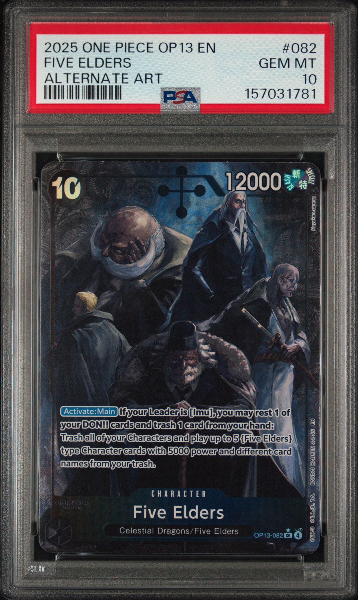 2025 One Piece Op13-Carrying On His Will Five Elders #082 (Alternate Art) Gem Mt 10 front view - PSA graded GEM MT 10