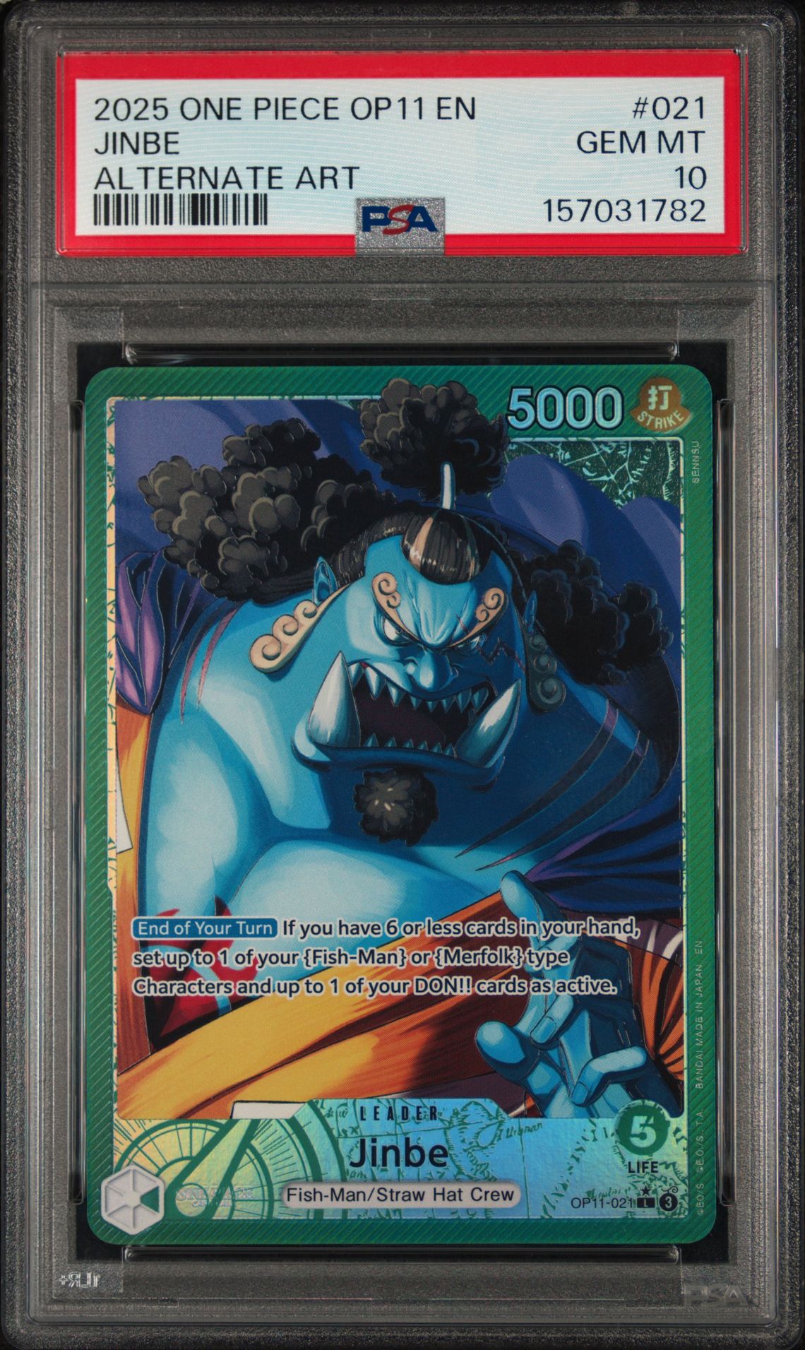 2025 One Piece Op11-A Fist Of Divine Speed Jinbe #021 (Alternate Art) Gem Mt 10 front view - PSA graded GEM MT 10