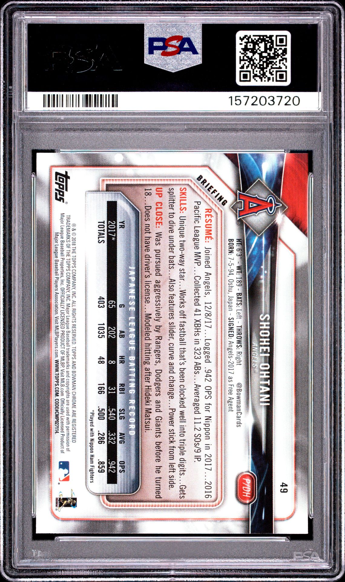 2018 Bowman Shohei Ohtani #49 Nm-Mt 8 back