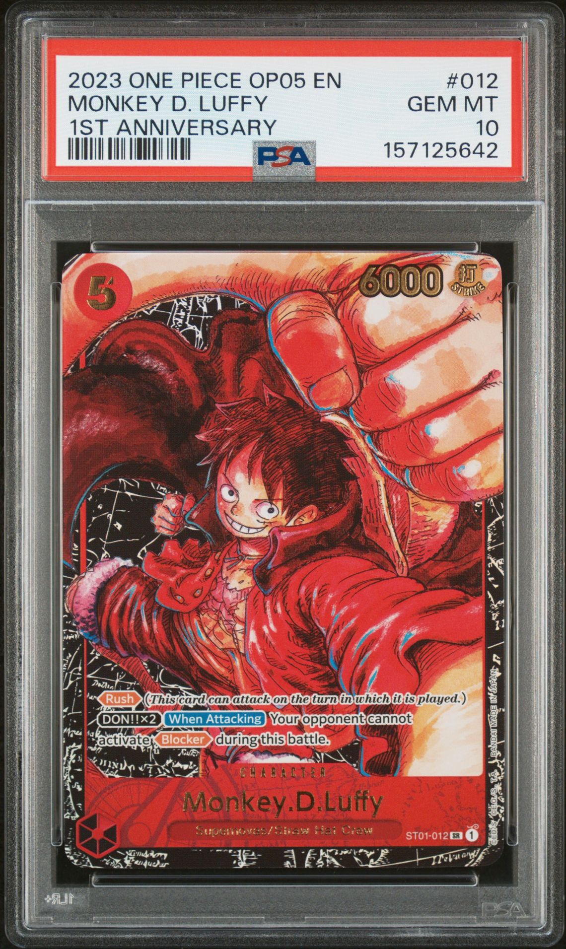 2023 One Piece Op05-Awakening Of The New Era Monkey D. Luffy #012 (1St Anniversary) Gem Mt 10 front view - PSA graded GEM MT 10