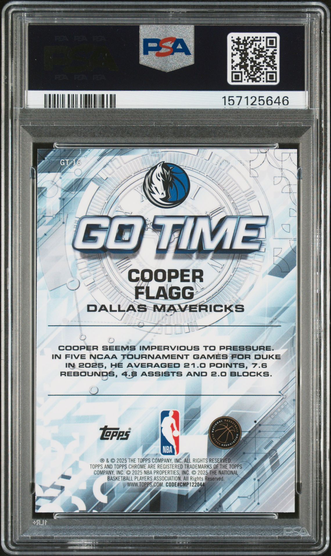 2025 TOPPS CHROME GO TIME COOPER FLAGG GO TIME-BLUE REFRACTOR GT-16 GEM MT 10 back
