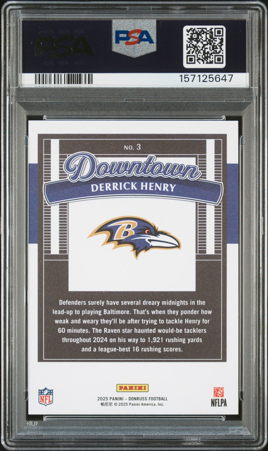 2025 Panini Donruss Downtown Derrick Henry #3 Gem Mt 10 back view - PSA certificate #157125647