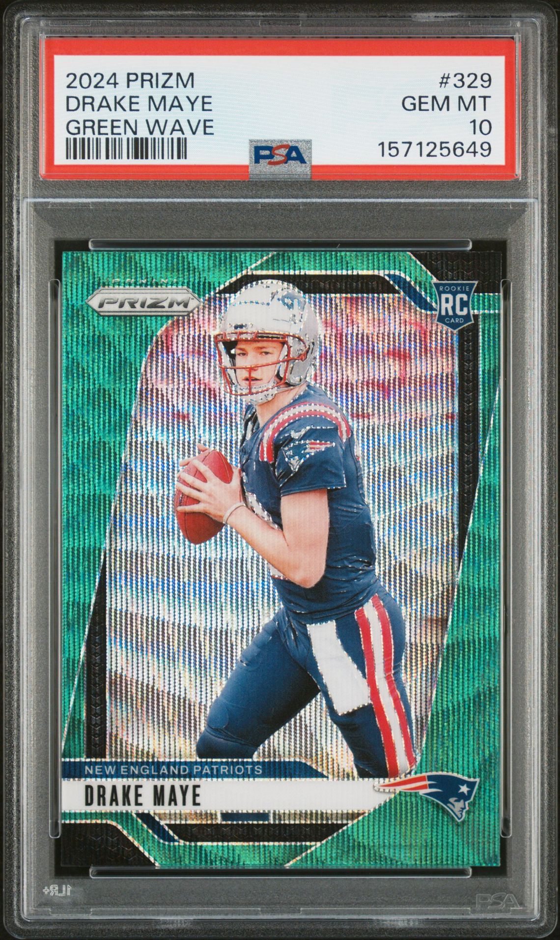 2024 Panini Prizm Drake Maye #329 (Green Wave) Gem Mt 10 front view - PSA graded GEM MT 10