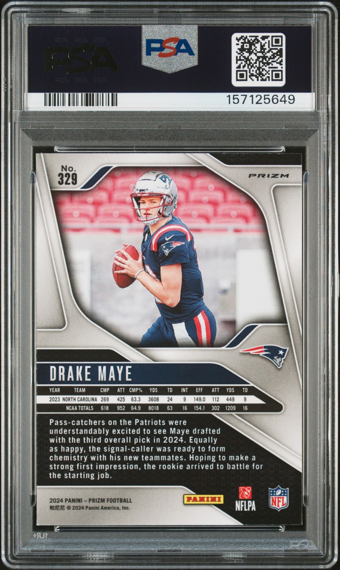 2024 Panini Prizm Drake Maye #329 (Green Wave) Gem Mt 10 back view - PSA certificate #157125649