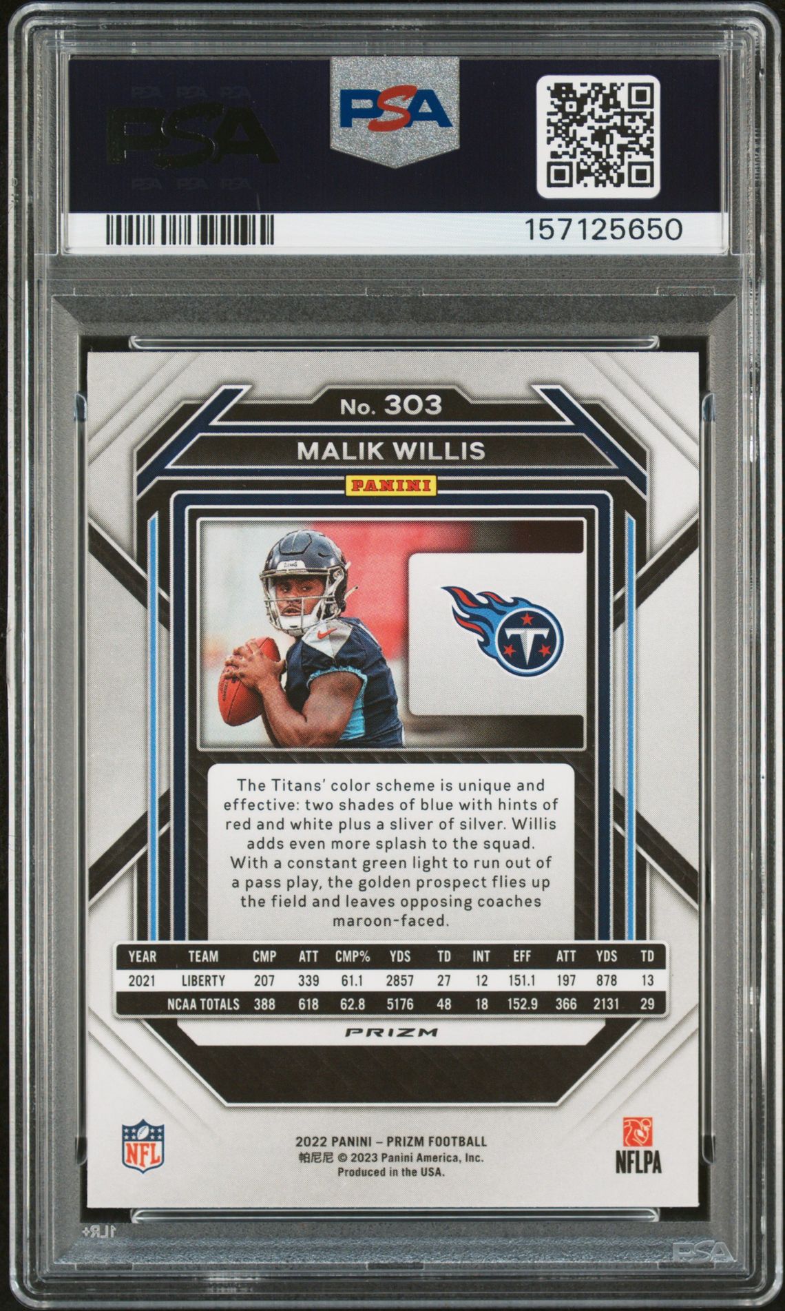 2022 Panini Prizm Malik Willis #303 (Red/White/Blue) Gem Mt 10 back view - PSA certificate #157125650