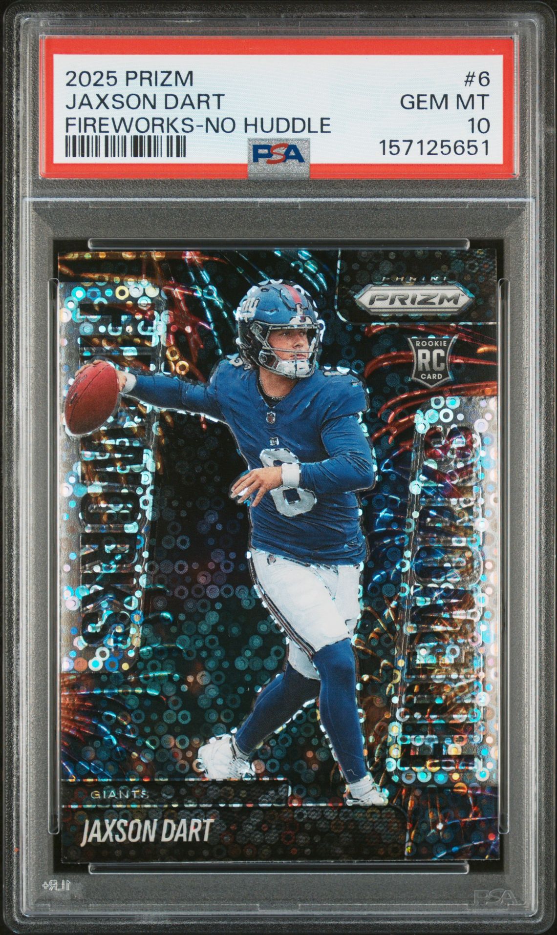 2025 Panini Prizm Fireworks Jaxson Dart #6 (Fireworks-No Huddle) Gem Mt 10 front view - PSA graded GEM MT 10