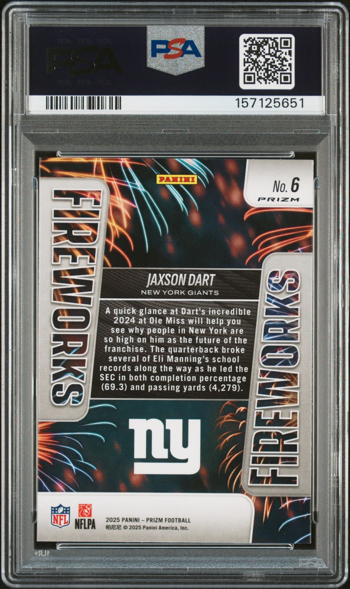 2025 Panini Prizm Fireworks Jaxson Dart #6 (Fireworks-No Huddle) Gem Mt 10 back view - PSA certificate #157125651
