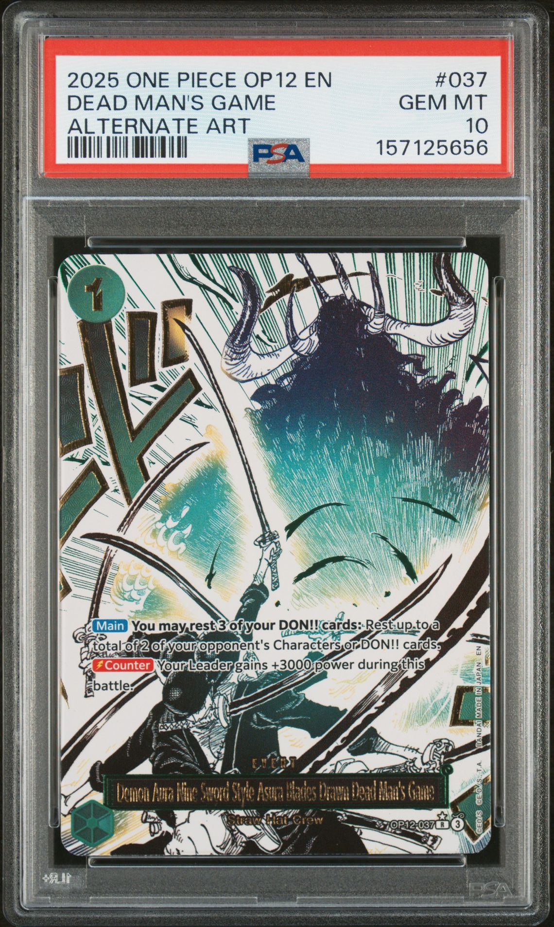 2025 One Piece Op12-Legacy Of The Master Dead Man's Game #037 (Alternate Art) Gem Mt 10 front view - PSA graded GEM MT 10