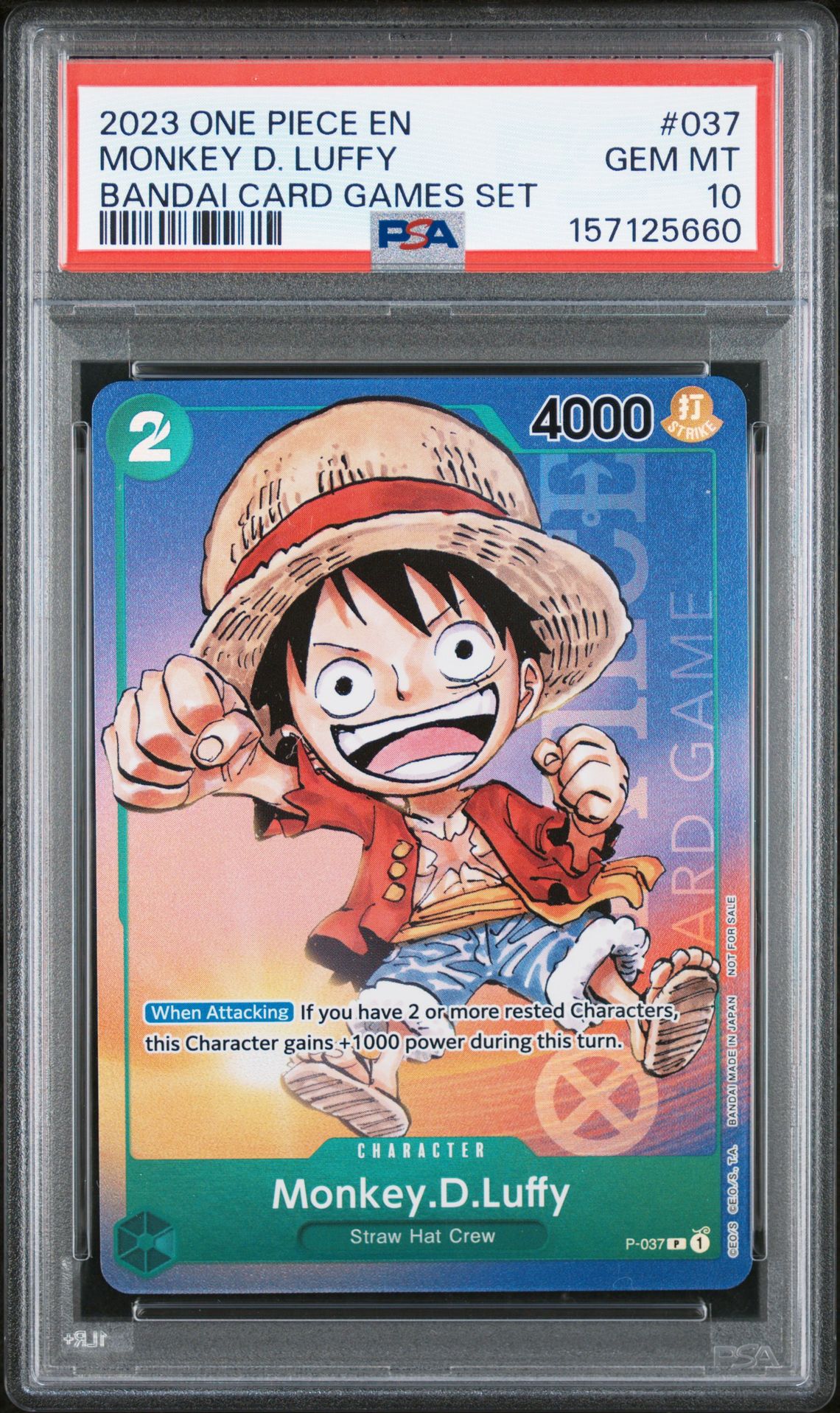 2023 One Piece Promos Monkey D. Luffy #037 (Bandai Card Games Set) Gem Mt 10 front view - PSA graded GEM MT 10