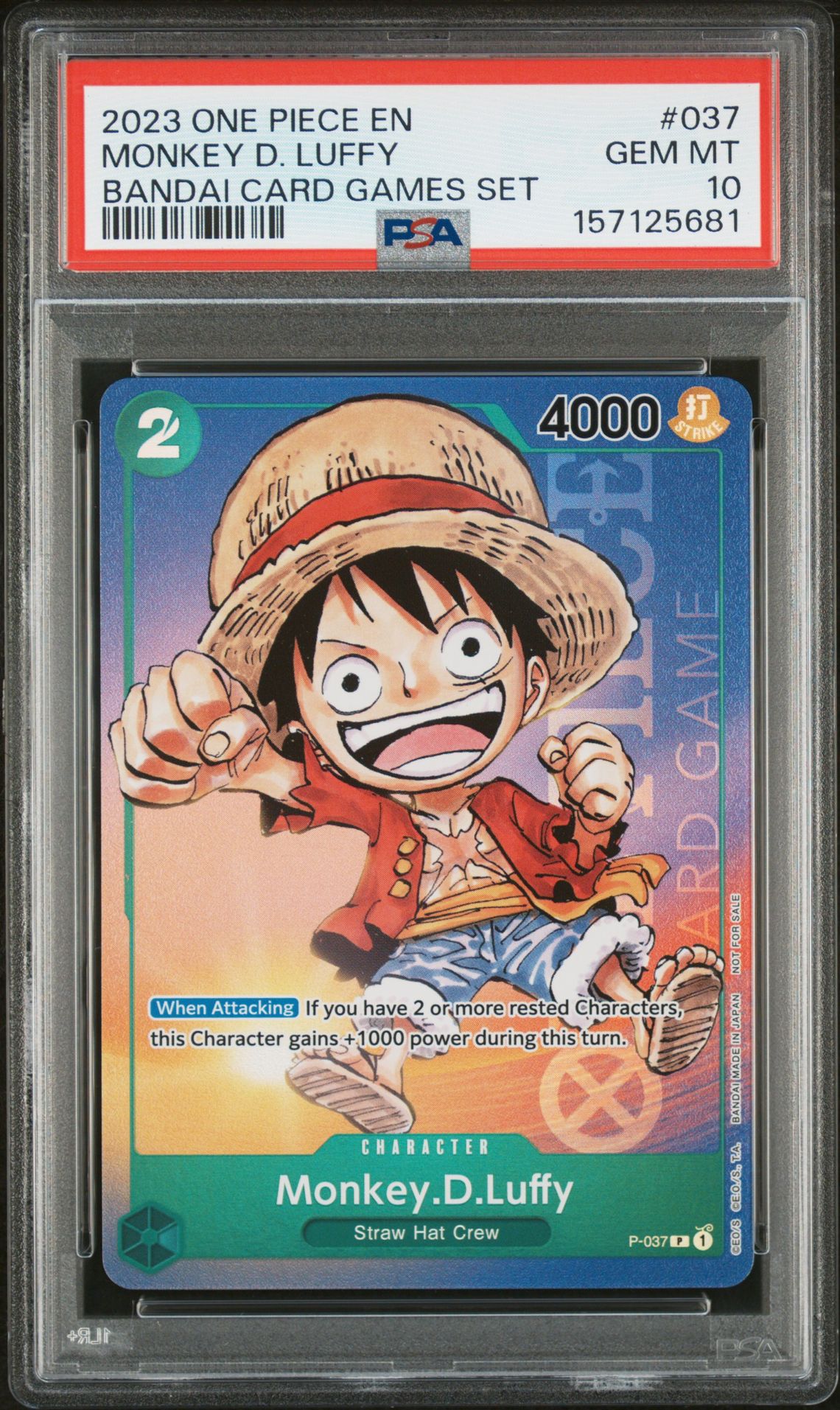 2023 One Piece Promos Monkey D. Luffy #037 (Bandai Card Games Set) Gem Mt 10 front view - PSA graded GEM MT 10