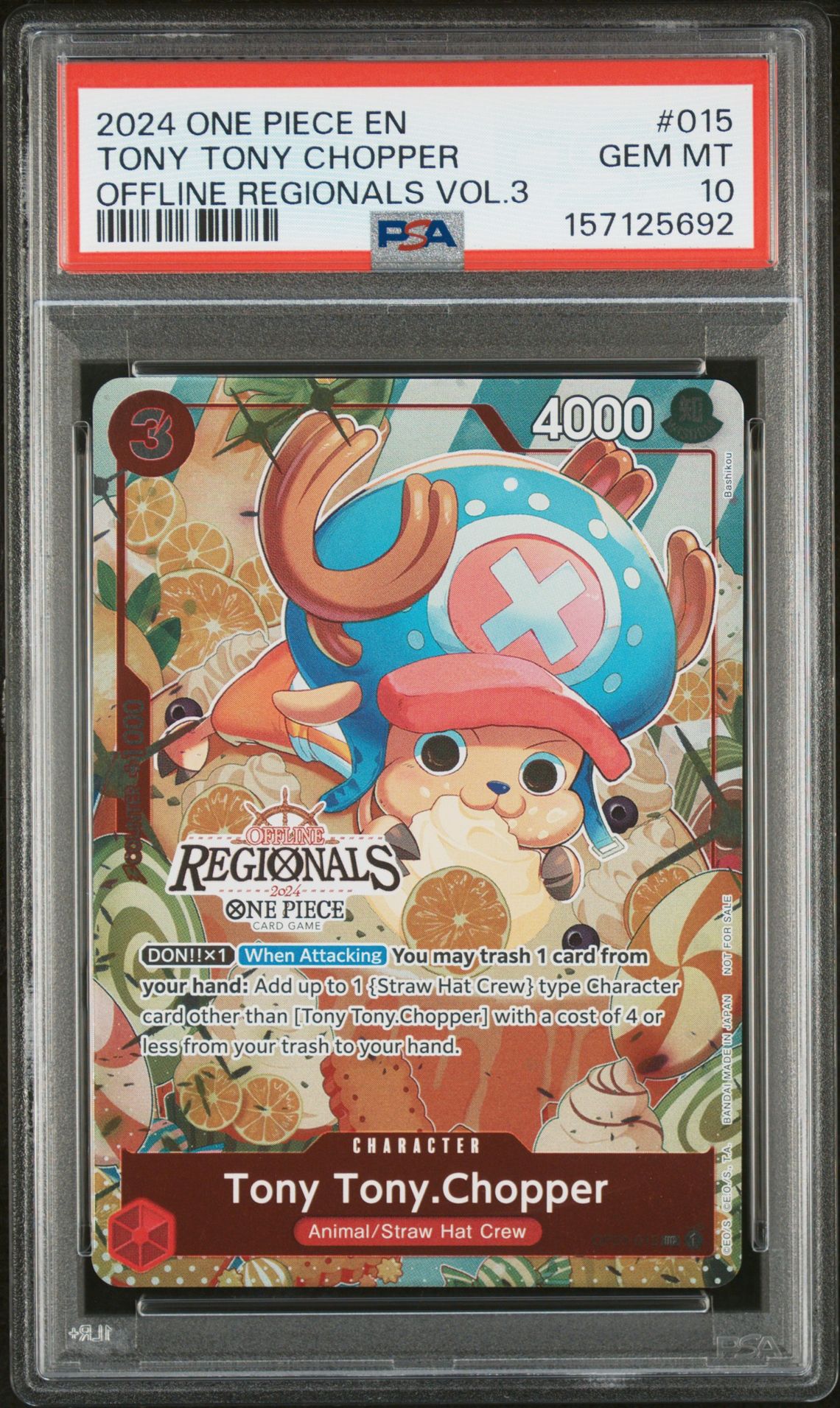 2024 One Piece Offline Regionals Pack 2024 Vol.3 Tony Tony Chopper #015 Gem Mt 10 front view - PSA graded GEM MT 10