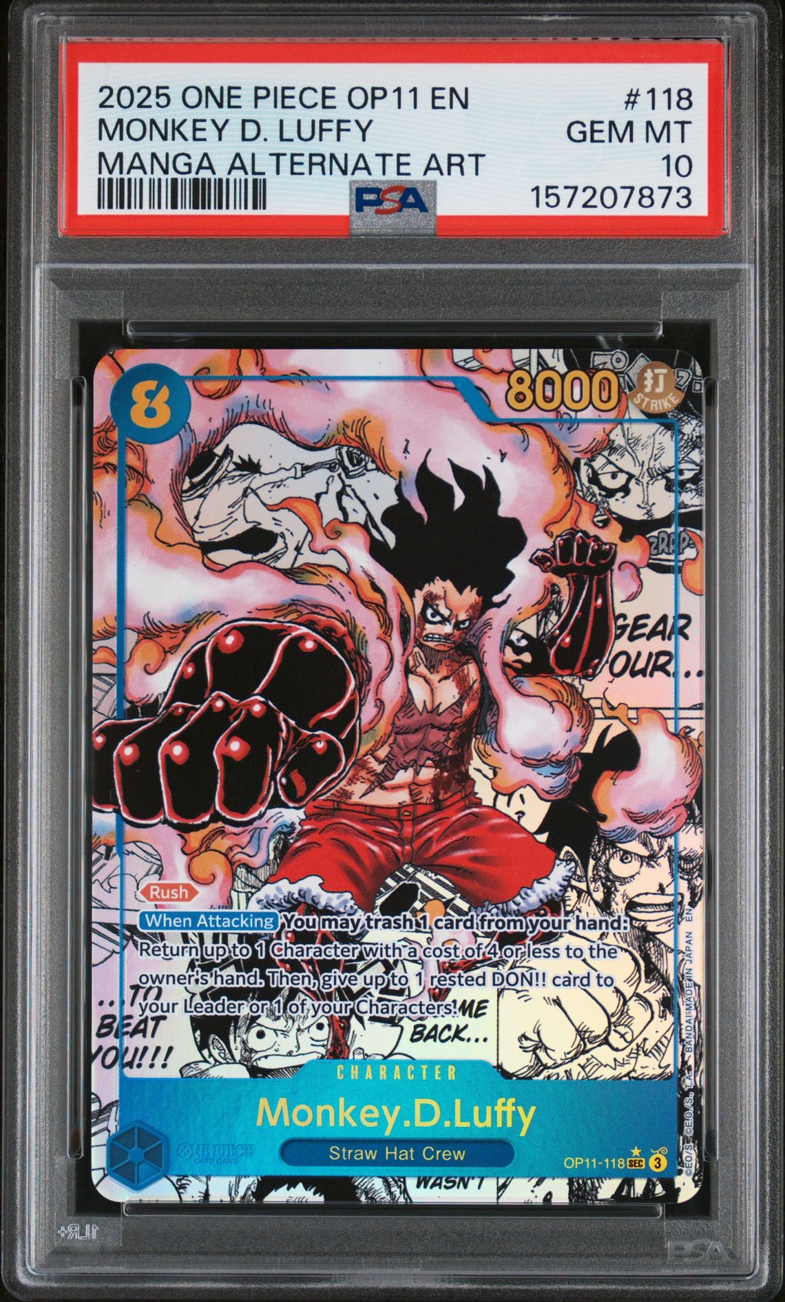 2025 One Piece Op11-A Fist Of Divine Speed Monkey D. Luffy #118 (Manga Alternate Art) Gem Mt 10 front view - PSA graded GEM MT 10