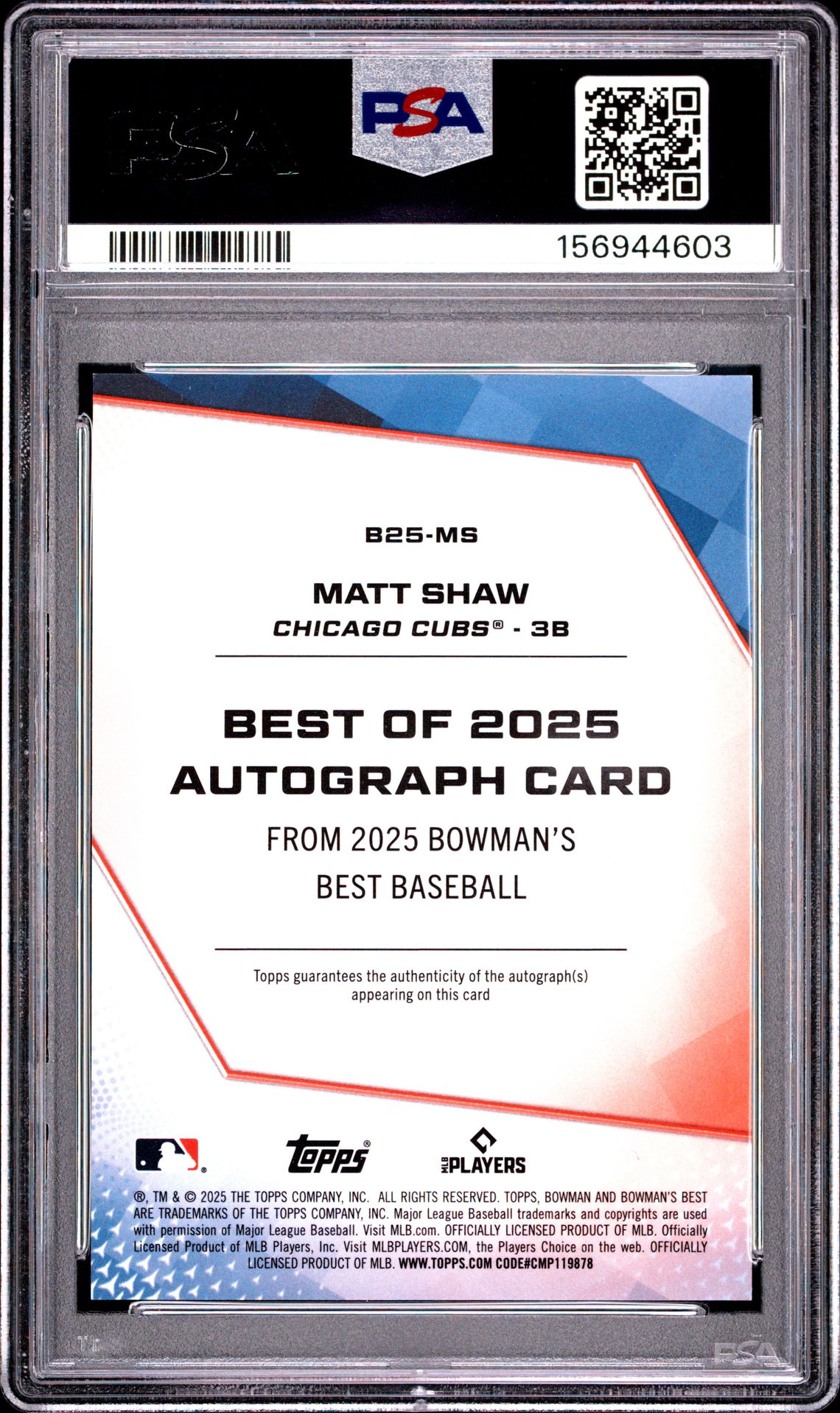 2025 Bowman's Best Best Of 2025 Autographs Matt Shaw #B25-Ms (Best Of '25 Au-Blk X-Fractor) Mint 9 back