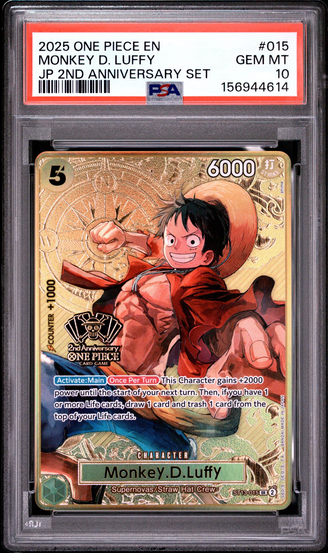 2025 One Piece Japanese 2Nd Anniversary Set Monkey D. Luffy #015 Gem Mt 10 front view - PSA graded GEM MT 10