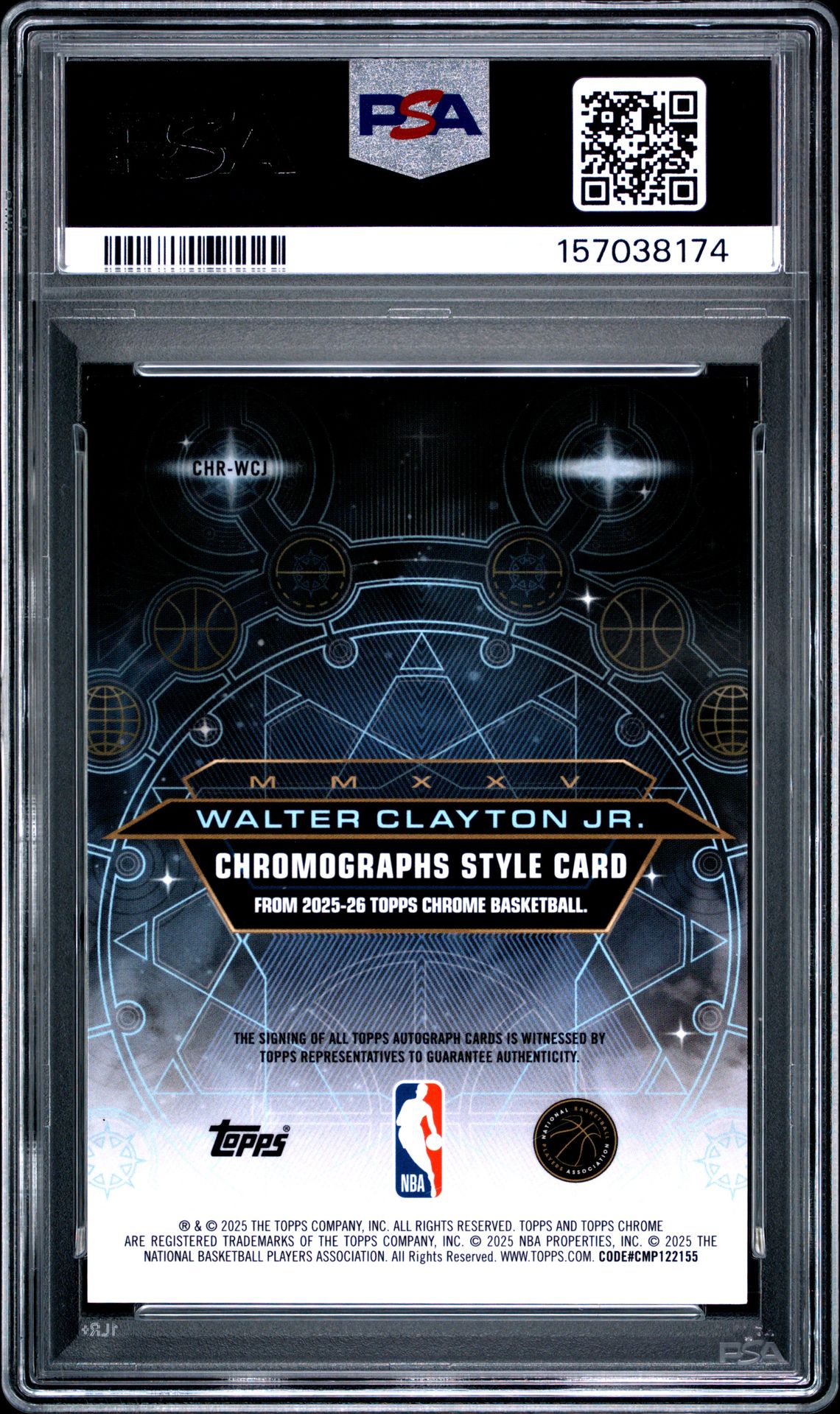 2025 Topps Chrome Chromographs Rookies Walter Clayton Jr. #Chr-Wcj (Chromographs Rk-Gold Ref) Gem Mt 10 back view - PSA certificate #157038174