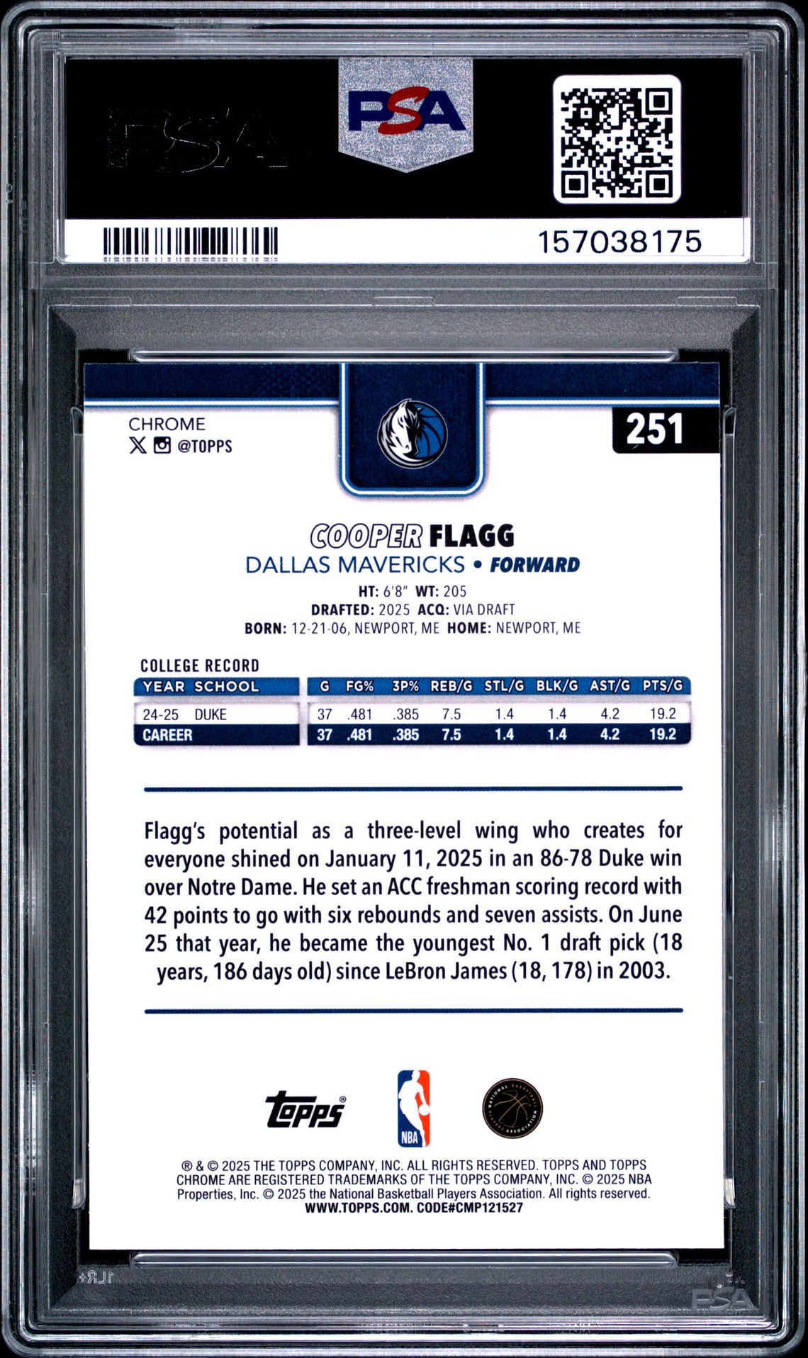 2025 Topps Chrome Cooper Flagg #251 (Red White And Blue Ref) Mint 9 back