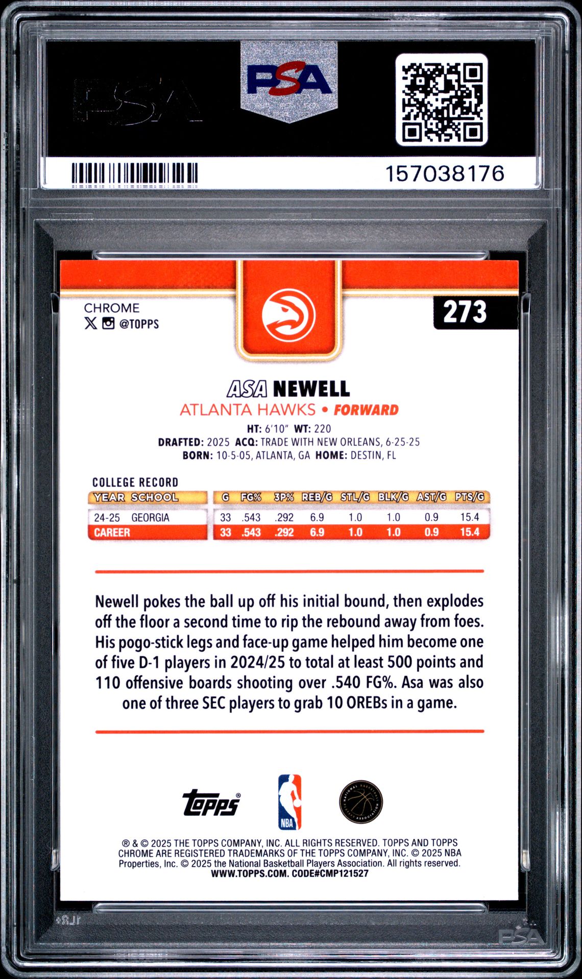 2025 Topps Chrome Asa Newell #273 (Purple Raywave) Gem Mt 10 back