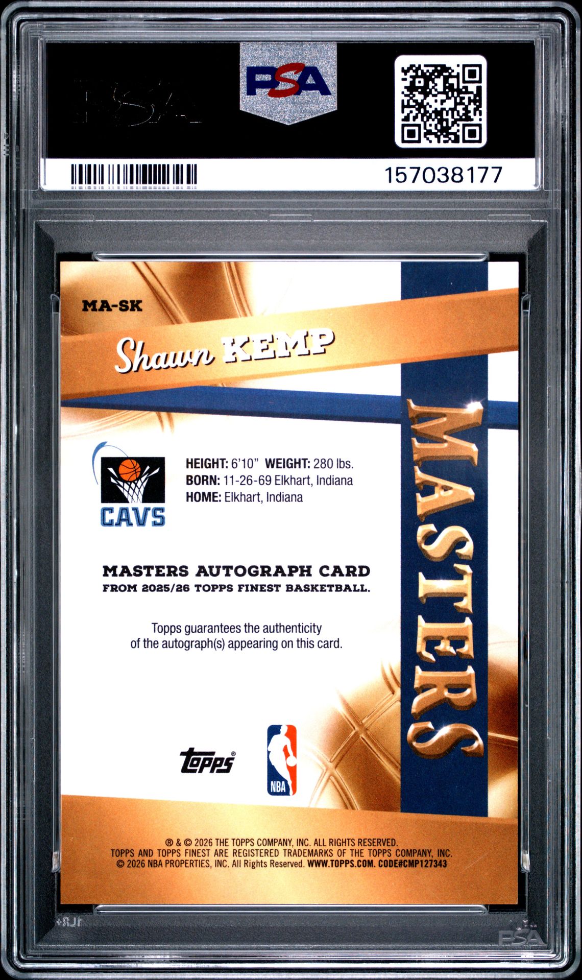 2025 Topps Finest Masters Autographs Shawn Kemp #Ma-Sk (Masters Au-Gold Refractor) Gem Mt 10 back view - PSA certificate #157038177