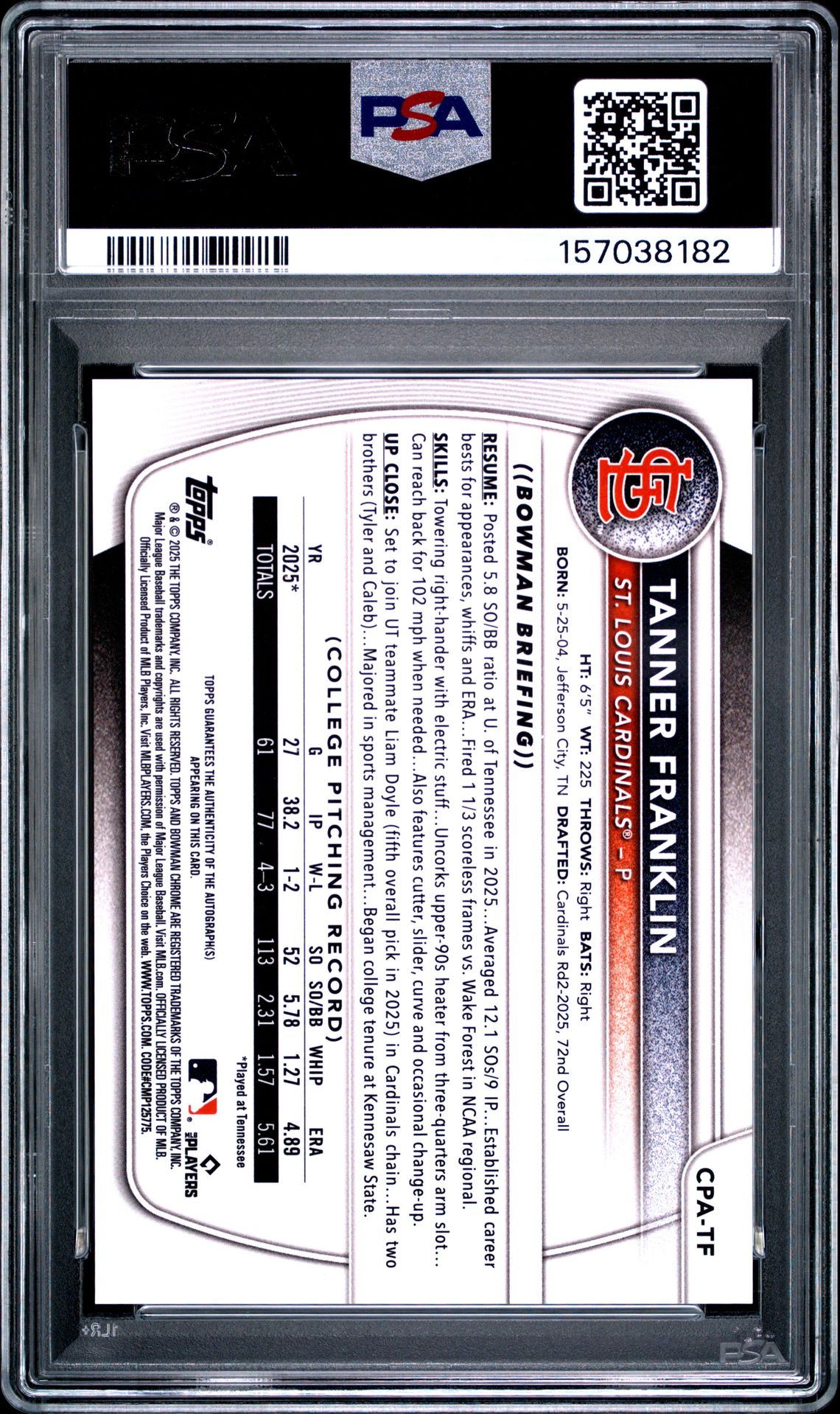2025 Bowman Draft Chrome Prospect Autographs Tanner Franklin #Cpa-Tf (Chr Prospect Au-Blue Wave) Gem Mt 10 back