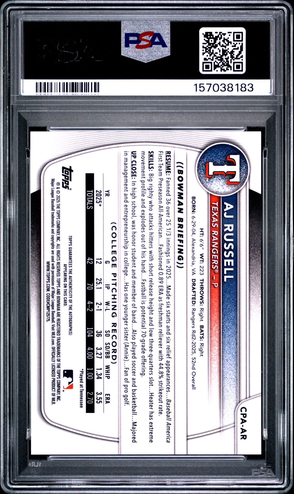 2025 Bowman Draft Chrome Prospect Autographs Aj Russell #Cpa-Ar Gem Mt 10 back