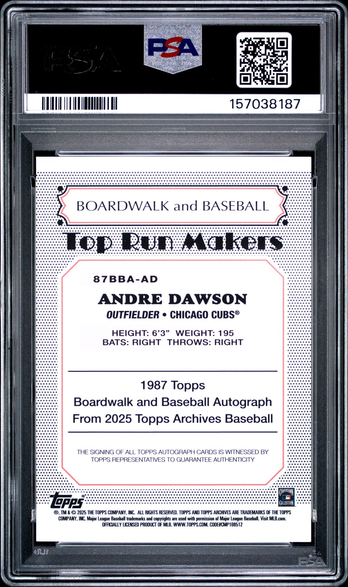 2025 Topps Archives 1987 Boardwalk And Baseball Autographs Andre Dawson #Ad (1987 B&B Au-Gold Foilboard) Nm-Mt 8 back