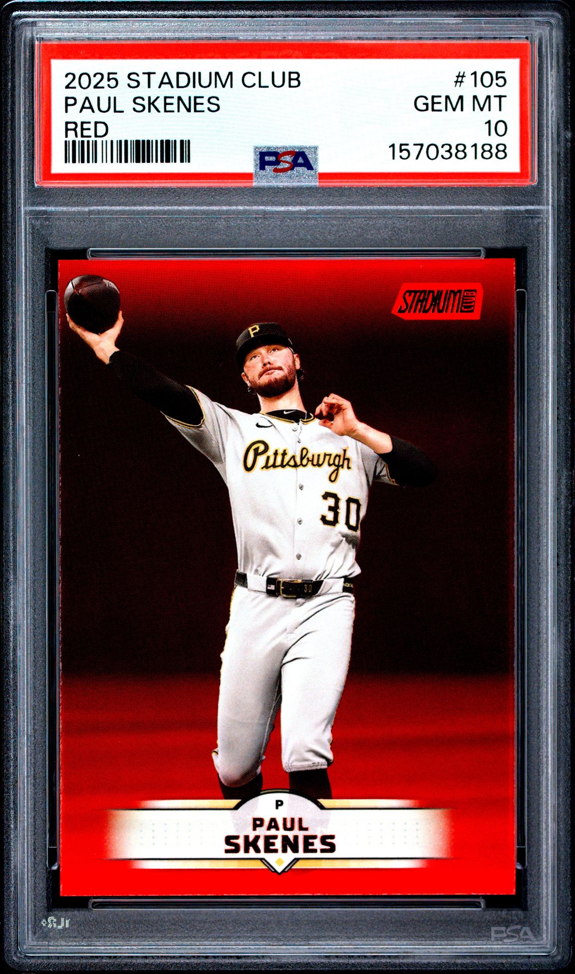 2025 Topps Stadium Club Paul Skenes #105 (Red) Gem Mt 10 front view - PSA graded GEM MT 10