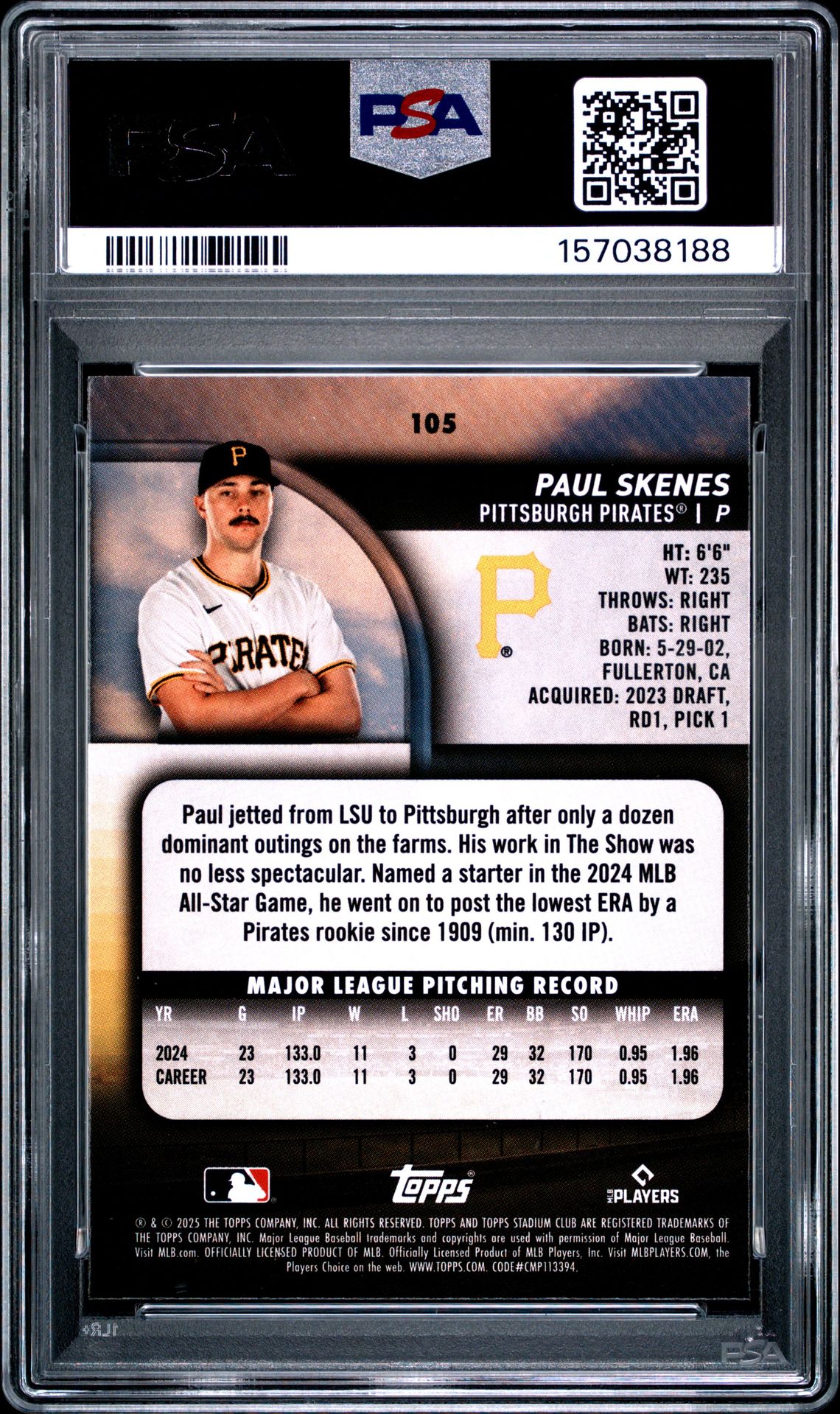 2025 Topps Stadium Club Paul Skenes #105 (Red) Gem Mt 10 back view - PSA certificate #157038188