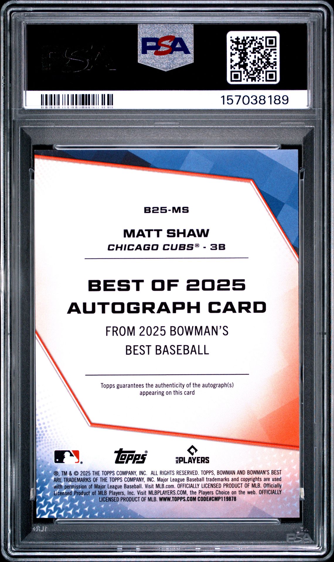 2025 BOWMAN'S BEST BEST OF 2025 AUTOGRAPHS MATT SHAW BEST OF 2025 AUTO-PURPLE REF B25-MS GEM MT 10 back