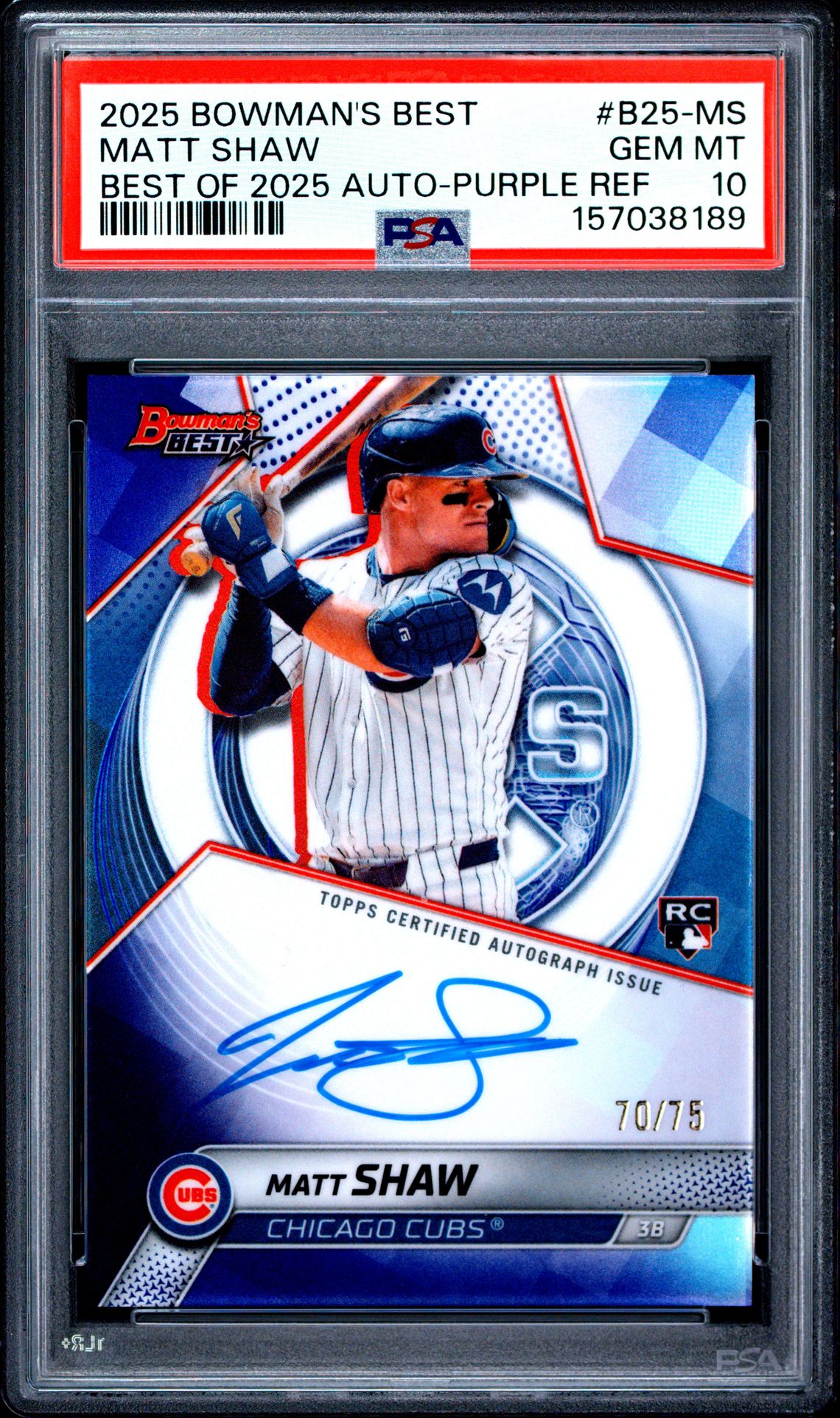2025 BOWMAN'S BEST BEST OF 2025 AUTOGRAPHS MATT SHAW BEST OF 2025 AUTO-PURPLE REF B25-MS GEM MT 10 front