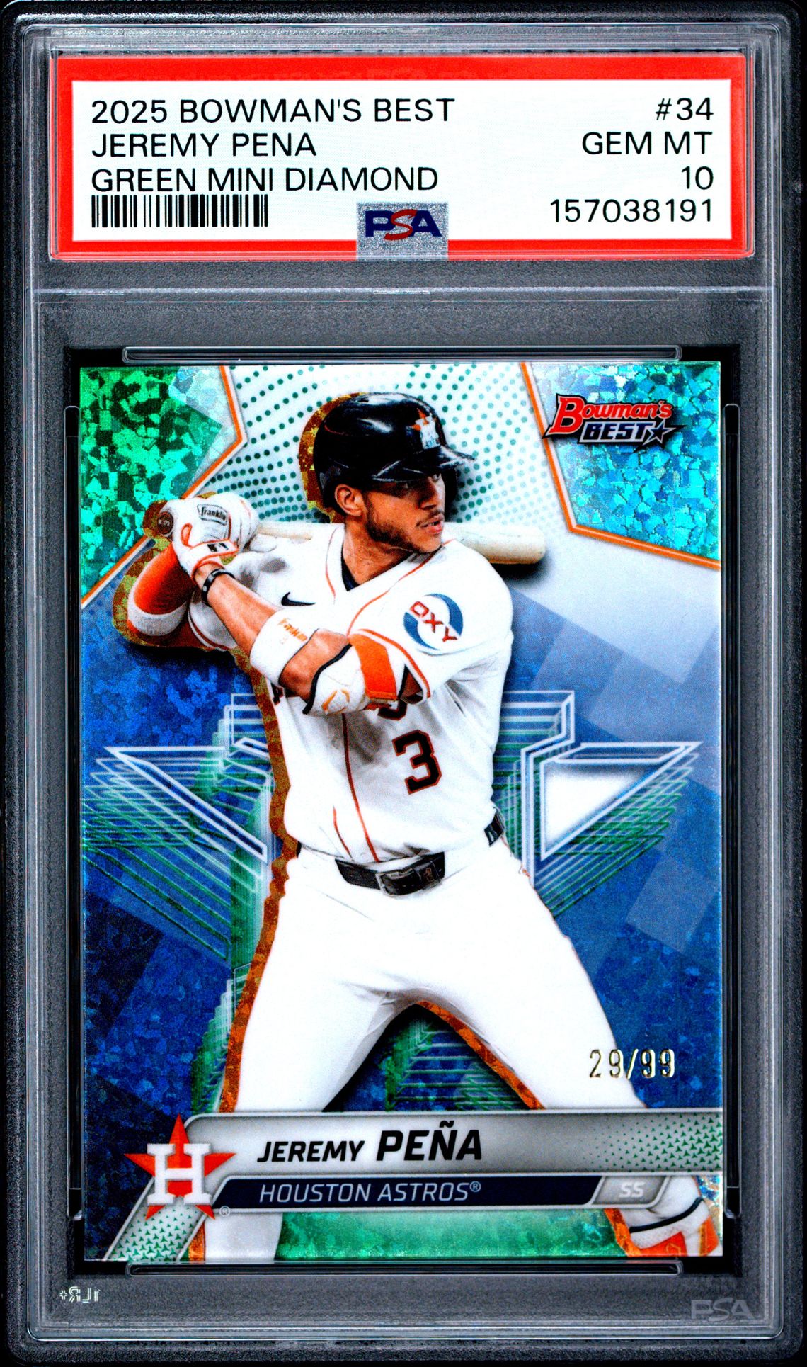 2025 Bowman's Best Jeremy Pena #34 (Green Mini Diamond) Gem Mt 10 front view - PSA graded GEM MT 10