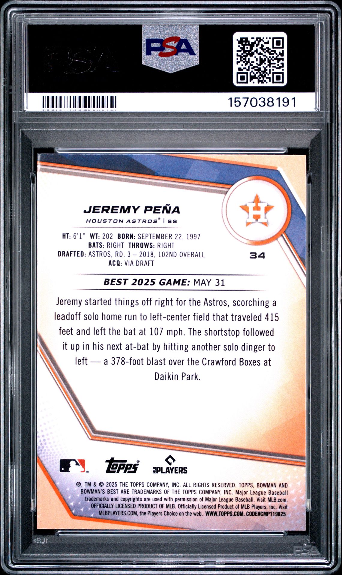 2025 Bowman's Best Jeremy Pena #34 (Green Mini Diamond) Gem Mt 10 back view - PSA certificate #157038191