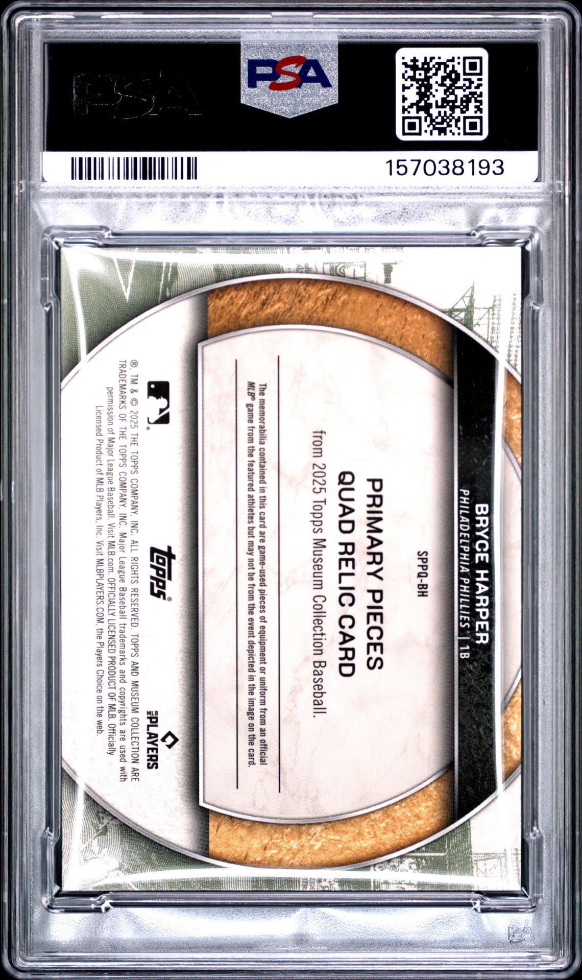 2025 Topps Museum Collection Single-Player Primary Pieces Quad Relics Bryce Harper #Bh (Prim Pieces Quad Rlc-Copper) Gem Mt 10 back view - PSA certificate #157038193