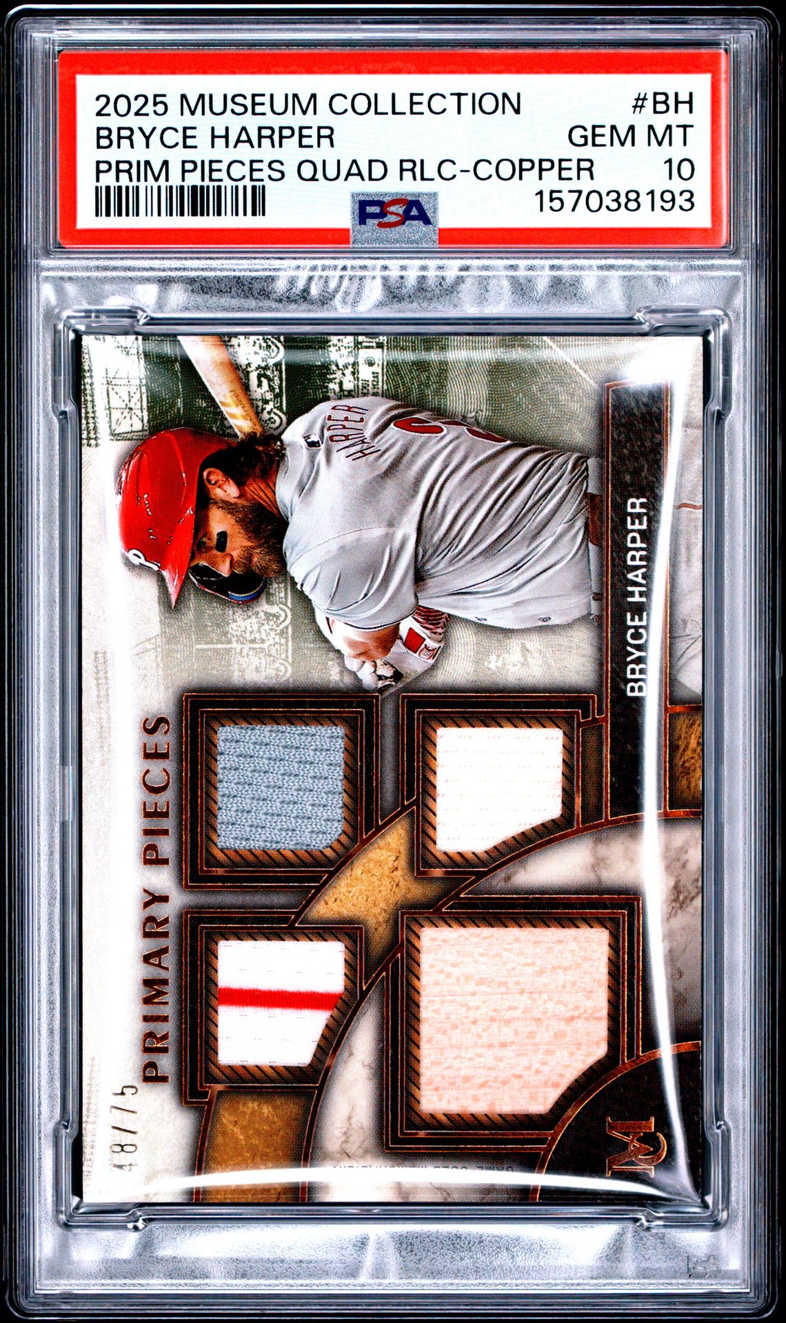 2025 Topps Museum Collection Single-Player Primary Pieces Quad Relics Bryce Harper #Bh (Prim Pieces Quad Rlc-Copper) Gem Mt 10 front view - PSA graded GEM MT 10